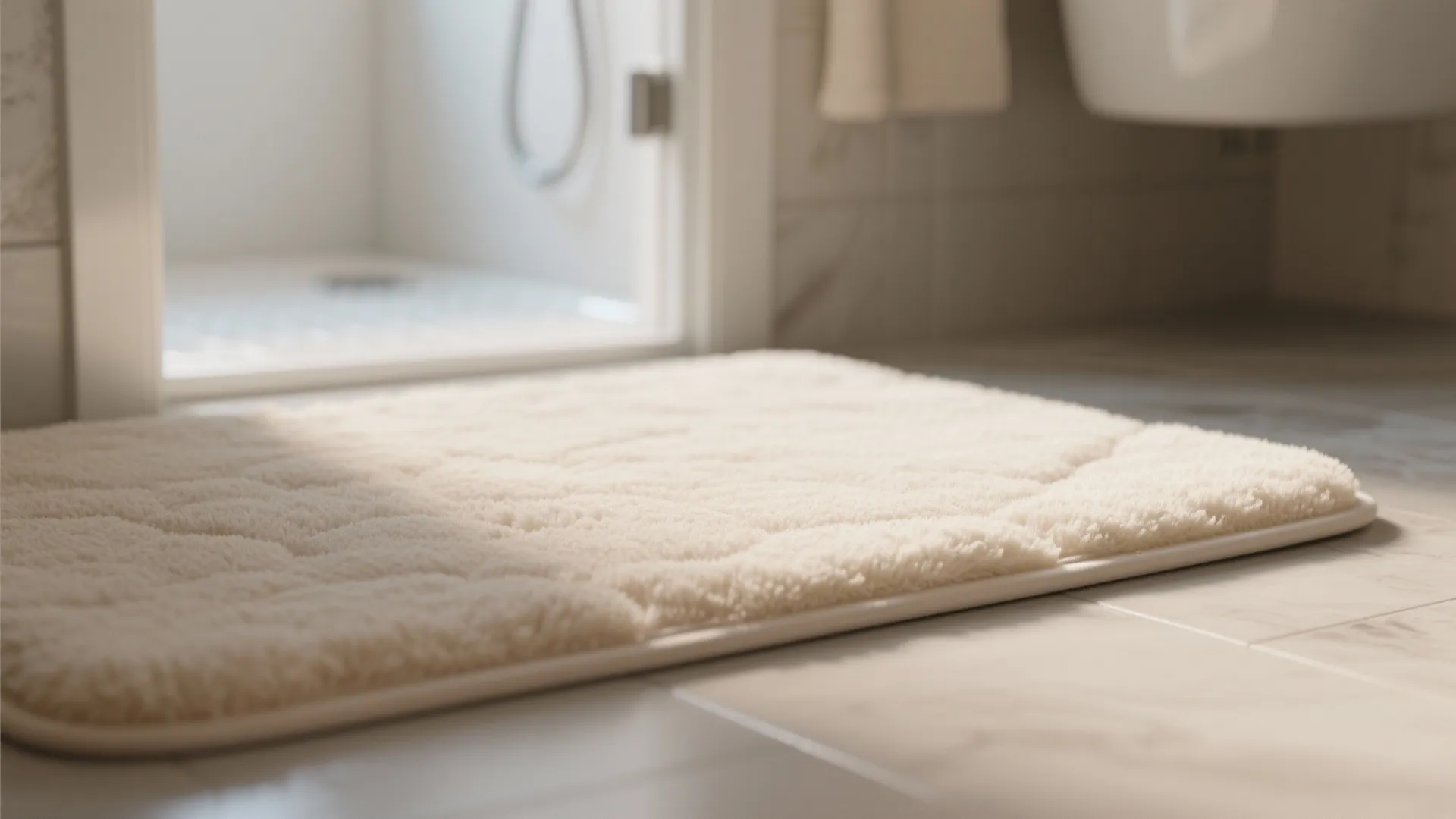 Soft cream colored bath mat on tiled floor in bright bathroom near the shower area