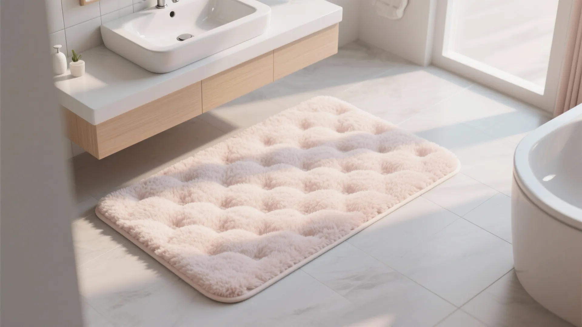 Soft pink memory foam bath rug on white tile floor in a modern bright bathroom