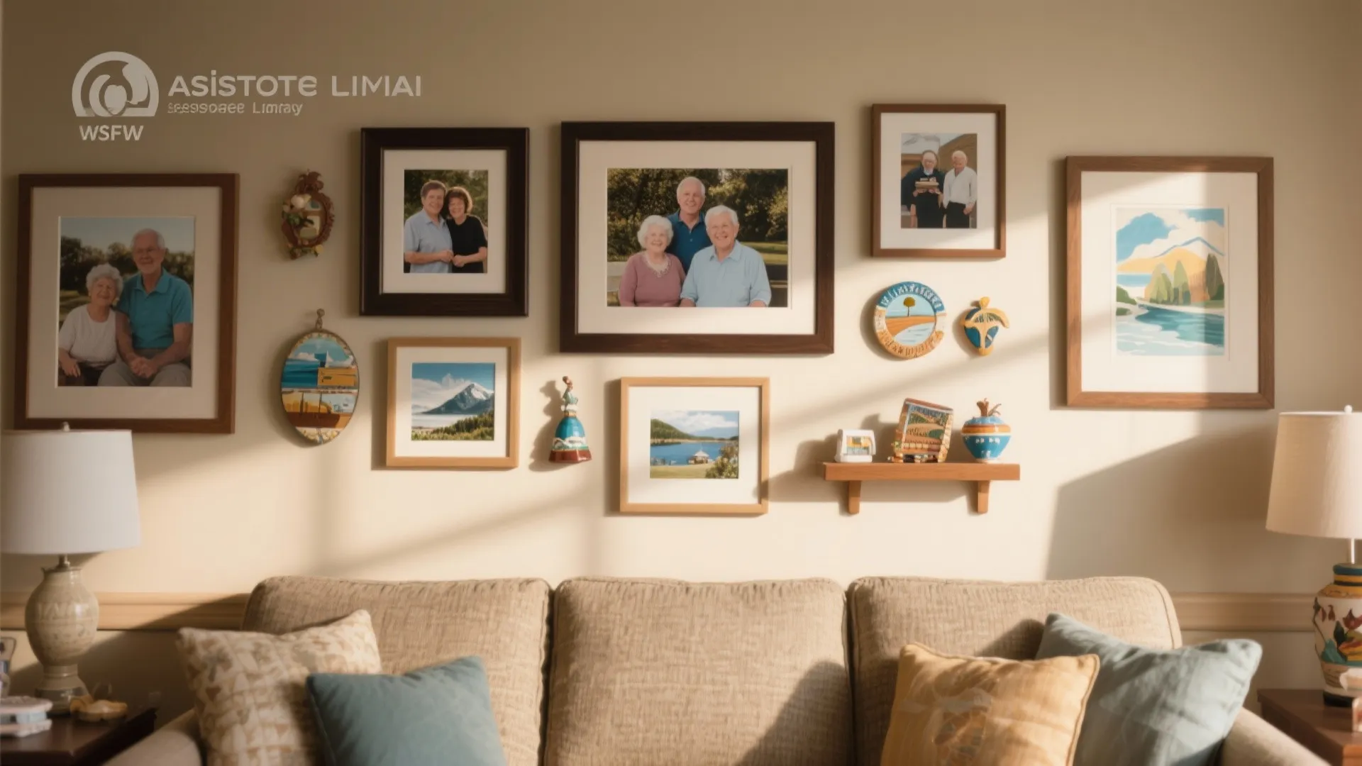 Gallery wall with family photos and art frames above a sofa with blue and pillows