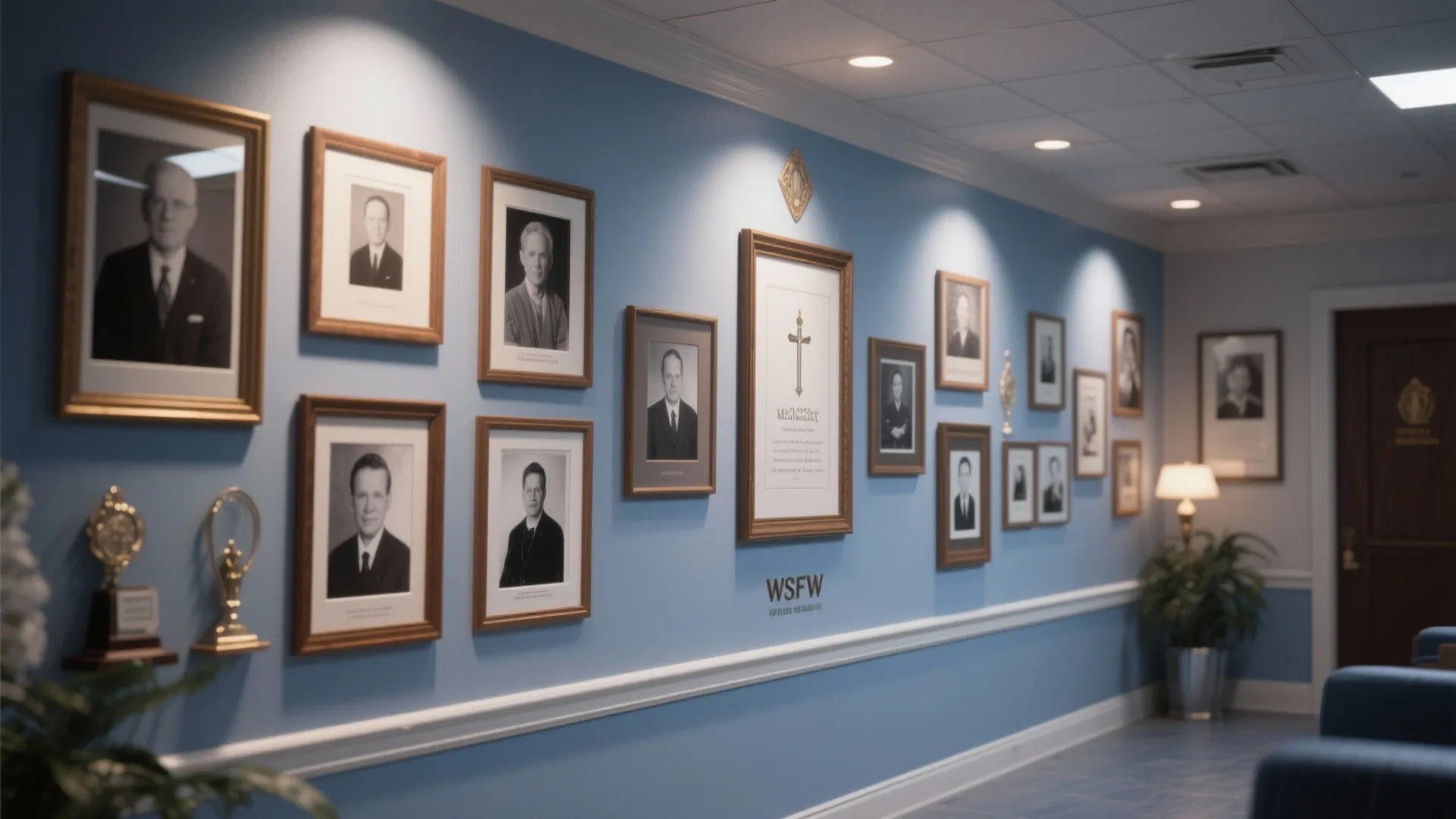Blue hallway wall with many framed portrait photos white wall panel and small gold trophies