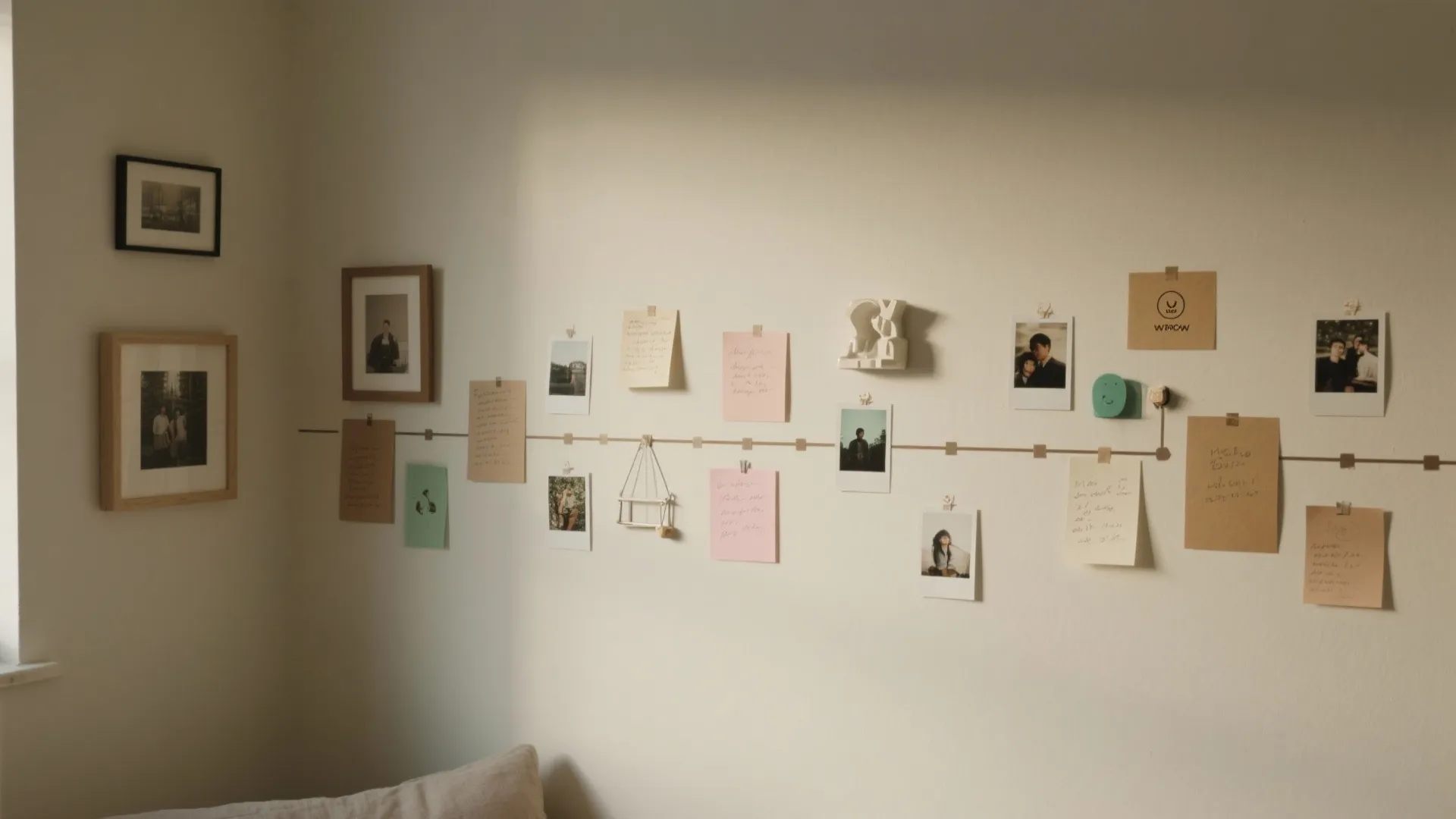 Cream colored wall with a photo gallery of notes and pictures attached to a line