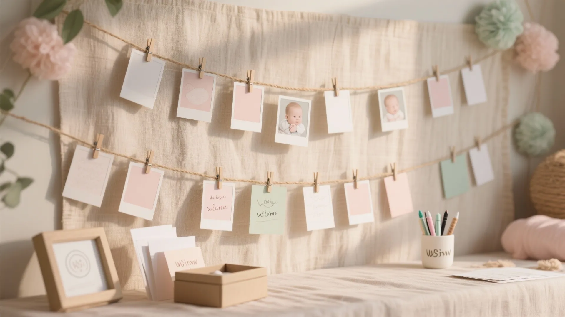 Linen memory wall with twine lines, clips, and a keepsake station for Polaroids in a baby welcome decoration corner.