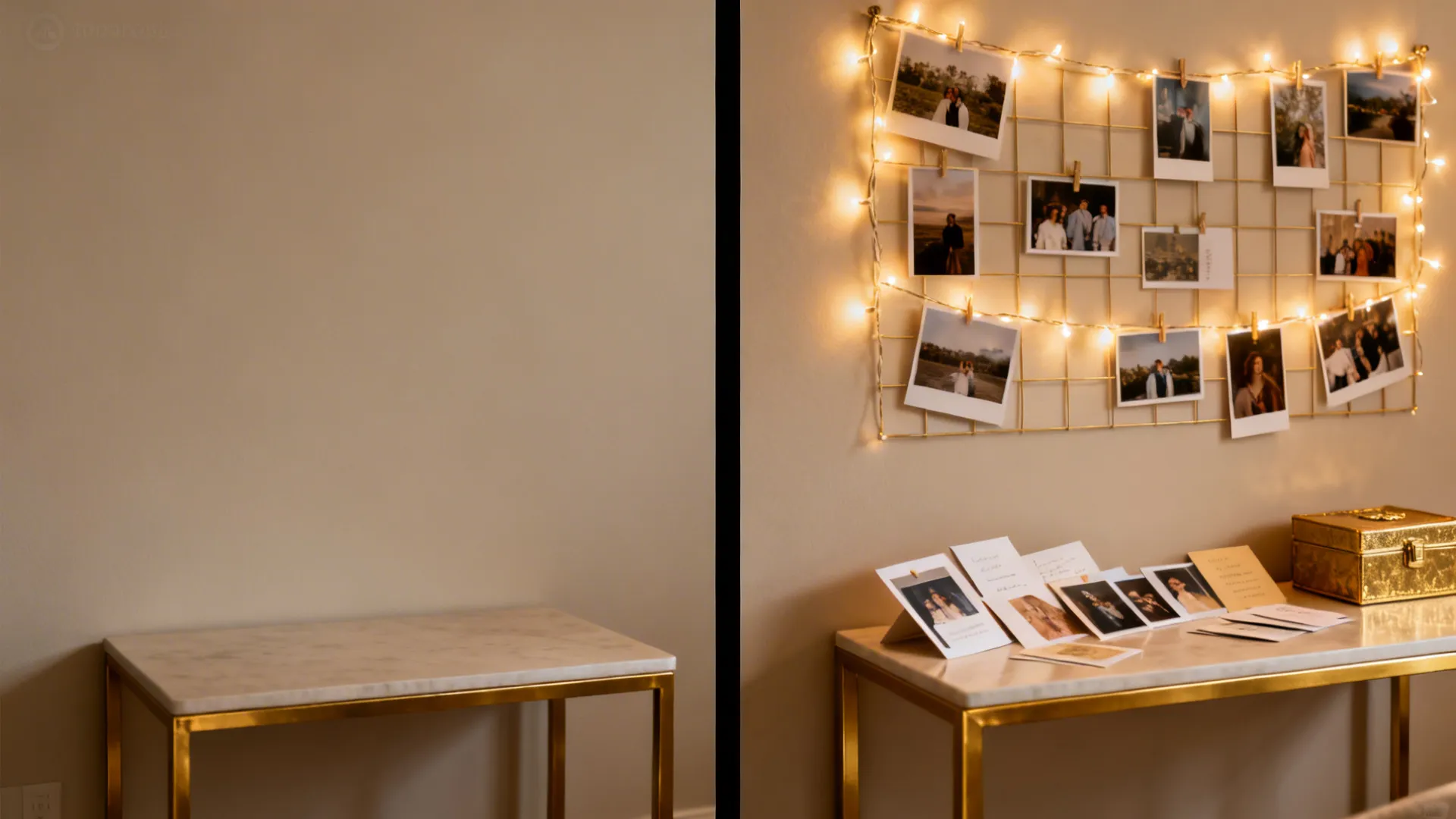 Before plain wall; after a warm lit photo wall with an angled memory table and keepsake box.