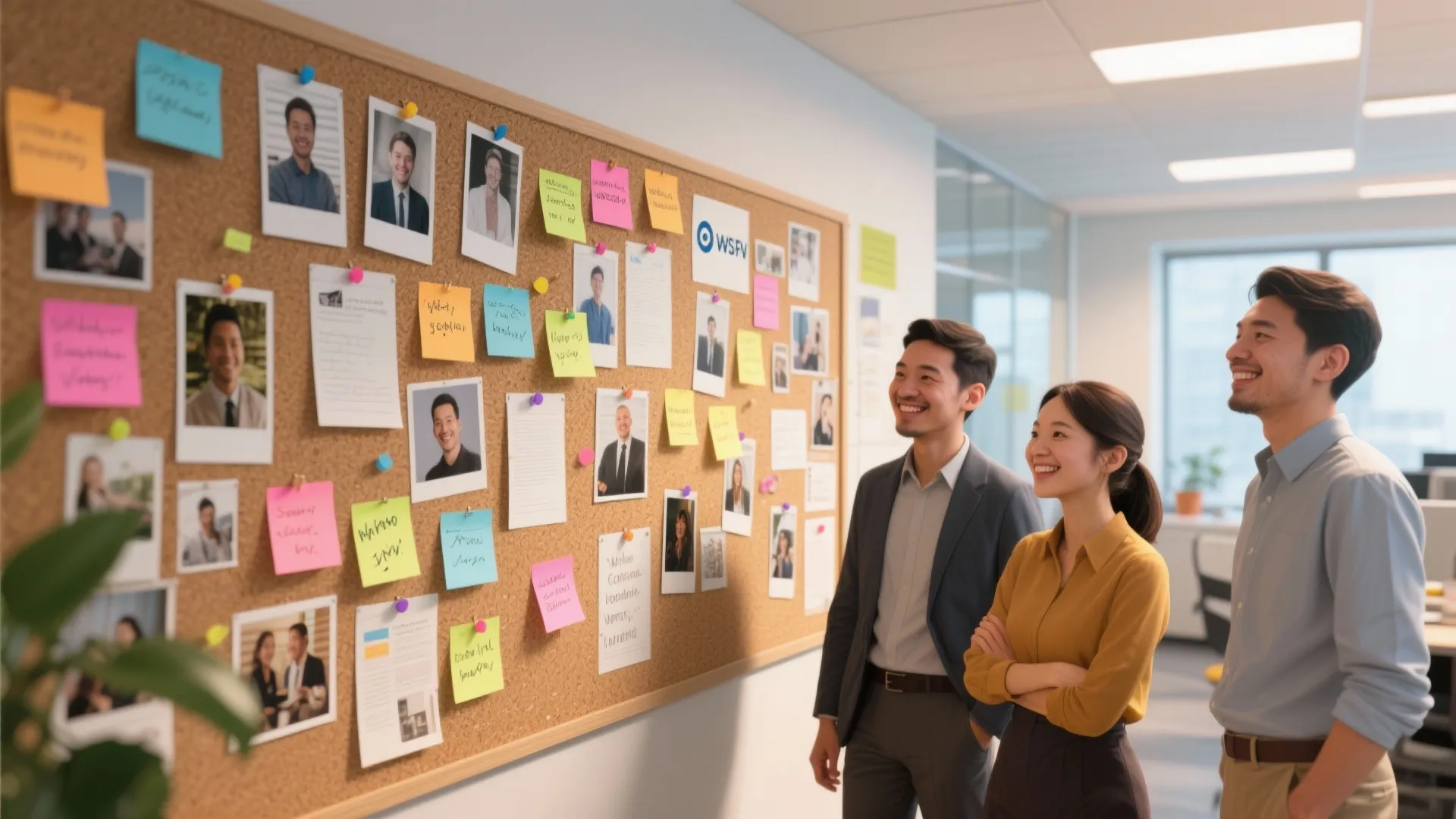 Three colleagues smiling while looking at a cork board filled with photos and colorful notes