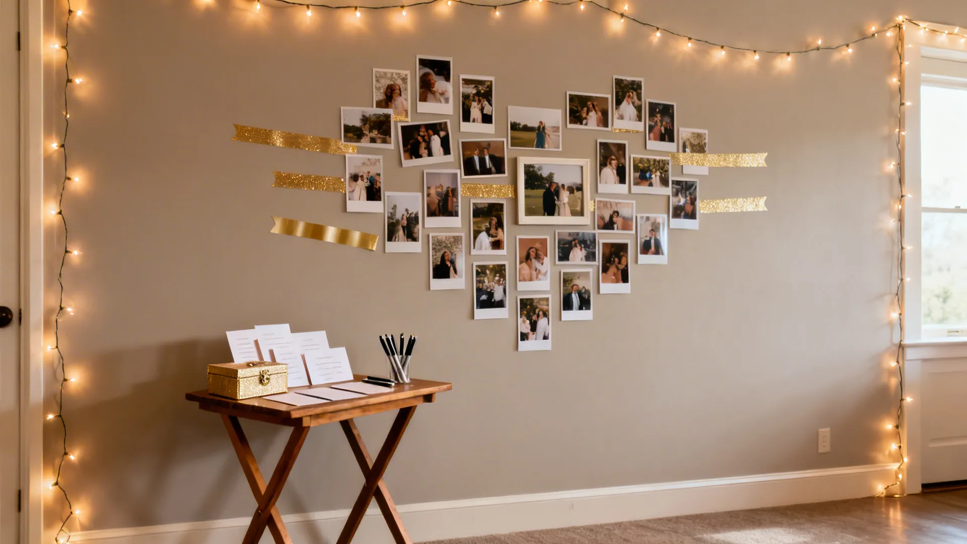 Photo wall in a loose grid with a small angled memory table holding cards and a keepsake box.