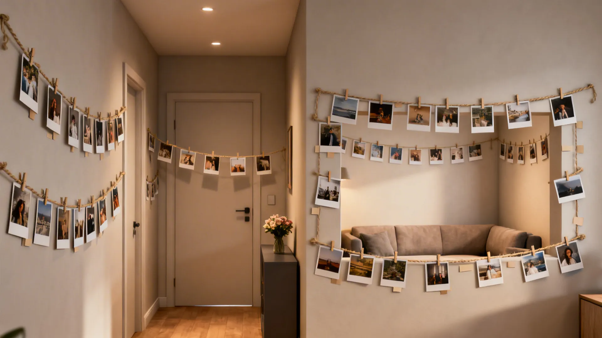 Curated photo line leading to a seating nook with an L-shaped memory wall in a small apartment.