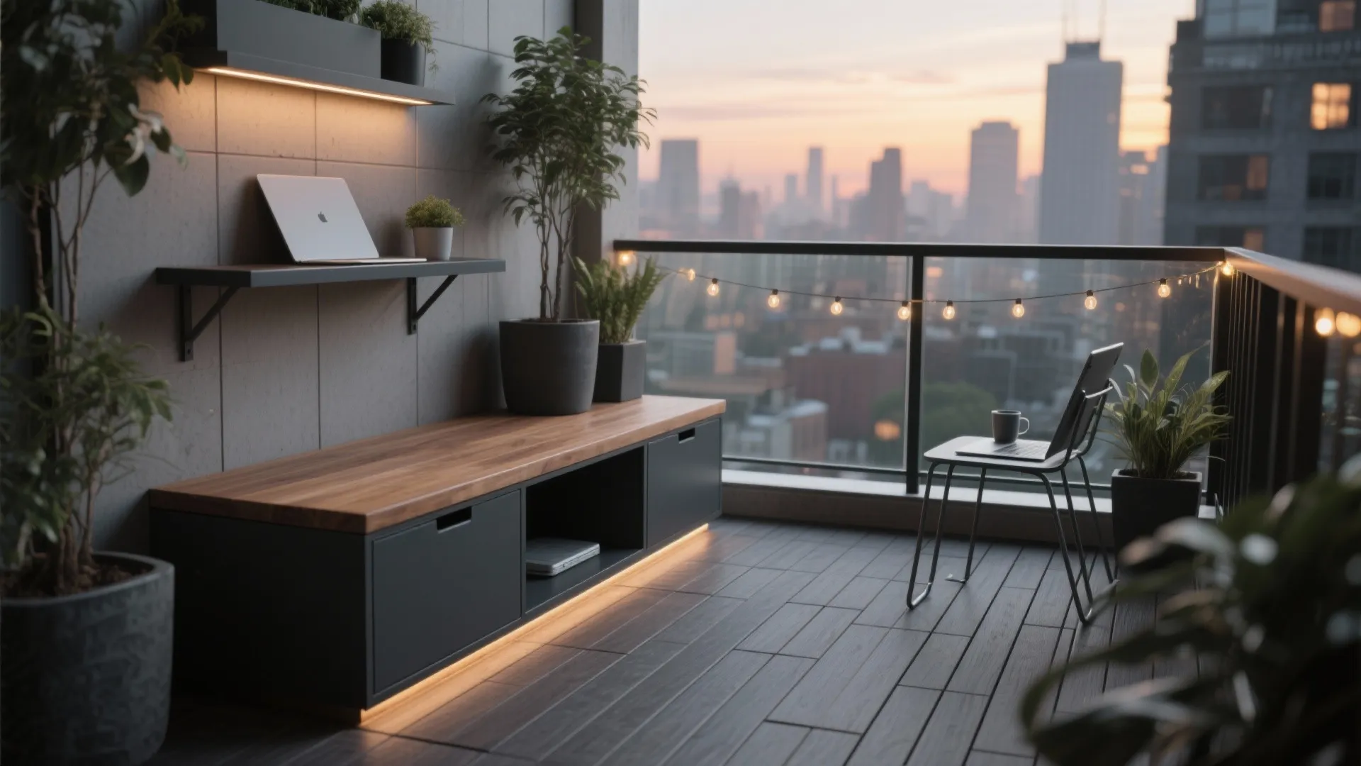 Balcony workspace with laptop on wall shelf wooden cabinet chair green plants and city sunset view