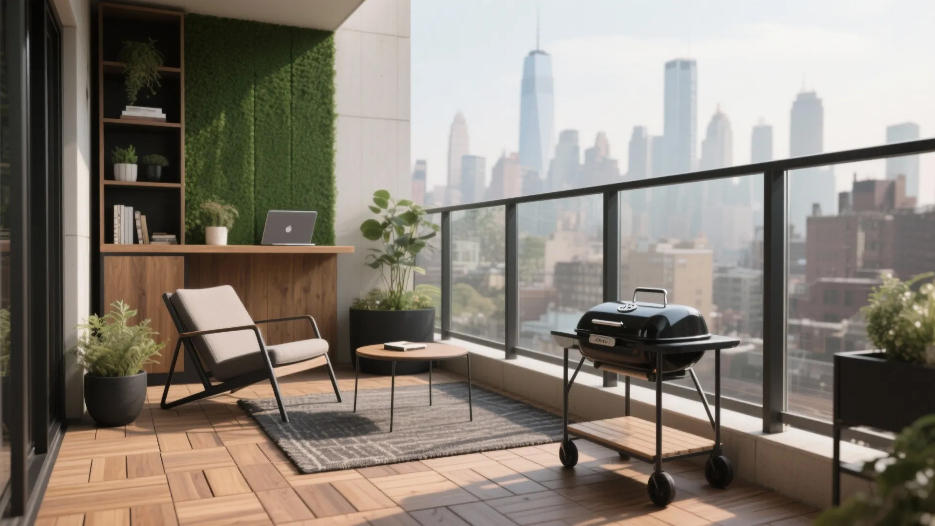 Modern balcony with wood tiles green wall grill chair and coffee table overlooking the city skyline