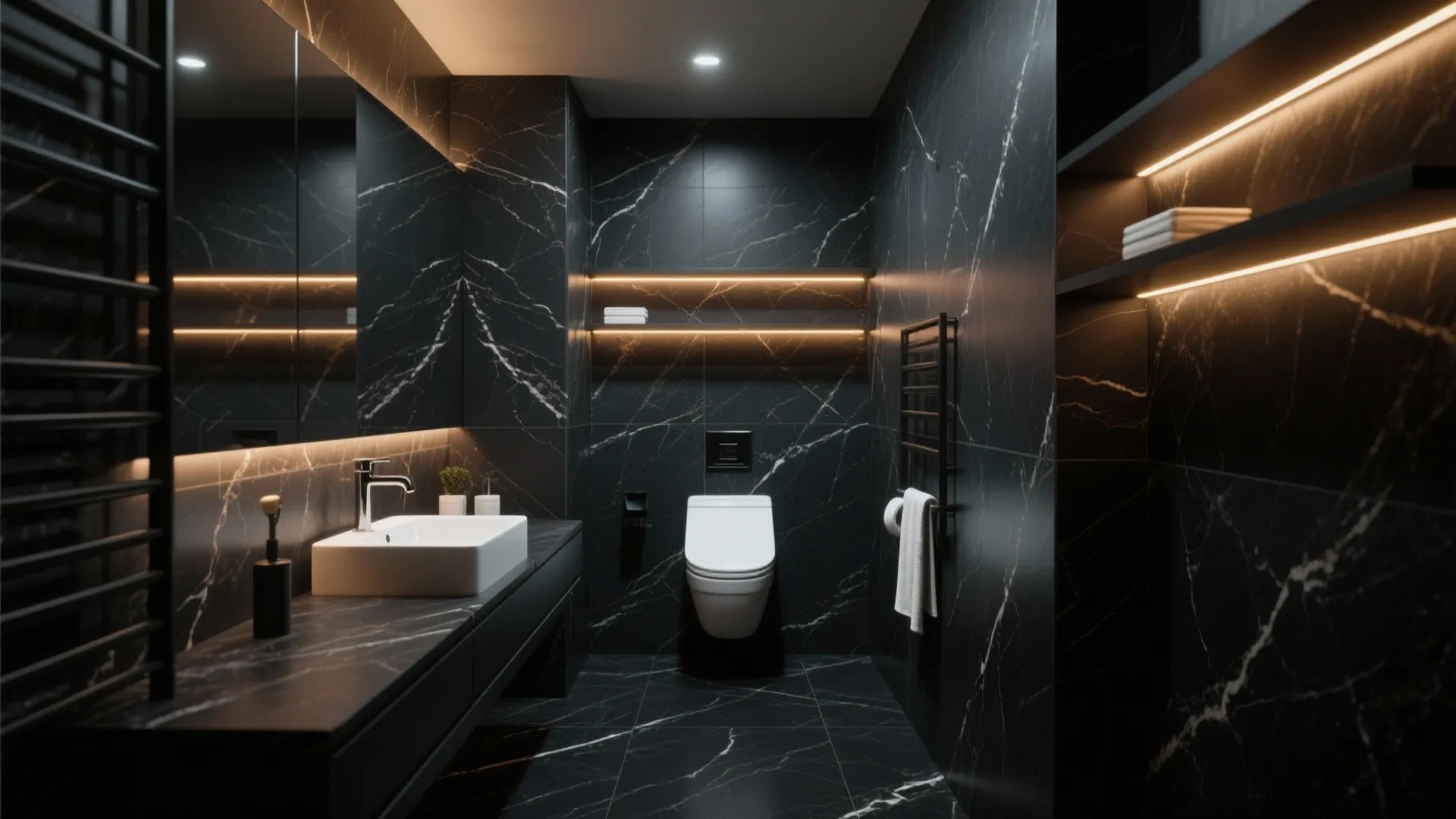 Modern black marble bathroom with a white sink, toilet, towel rack, and warm shelf lighting