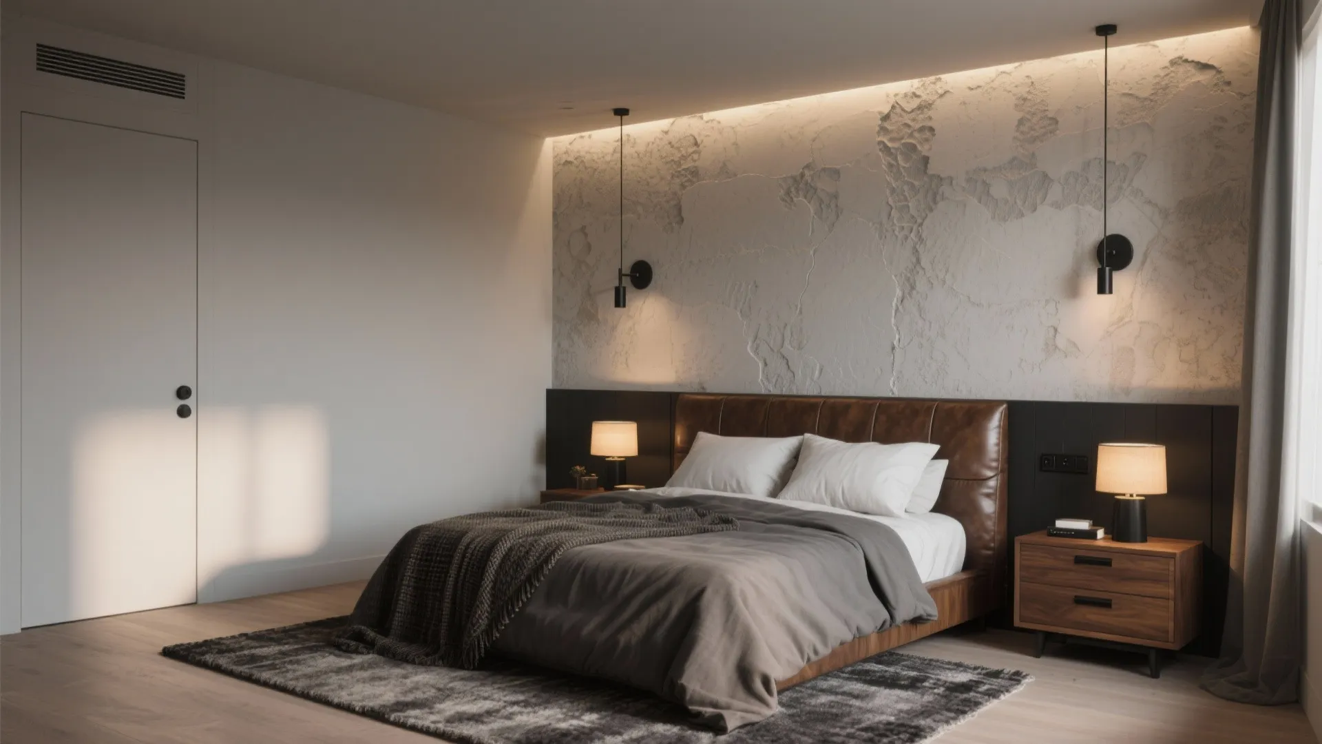 Modern bedroom with leather bed and textured wall panel plus wooden nightstand and wall light