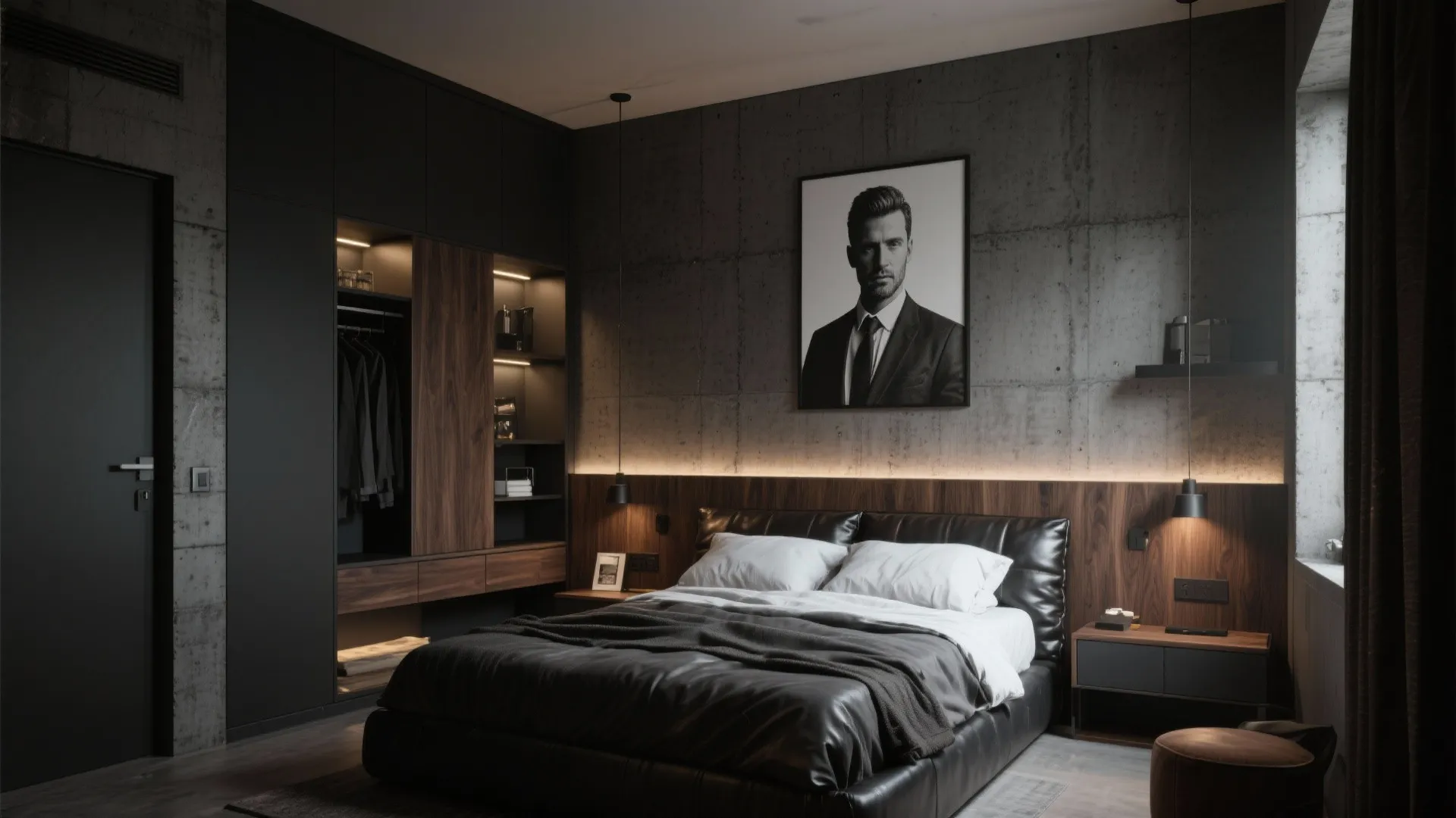 Modern masculine bedroom with leather bed, concrete walls, wood paneling, and large portrait wall art