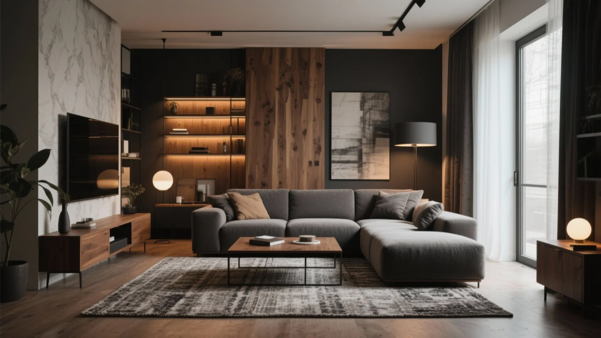 Dark modern living room with gray sofa wooden coffee table marble wall and warm shelves