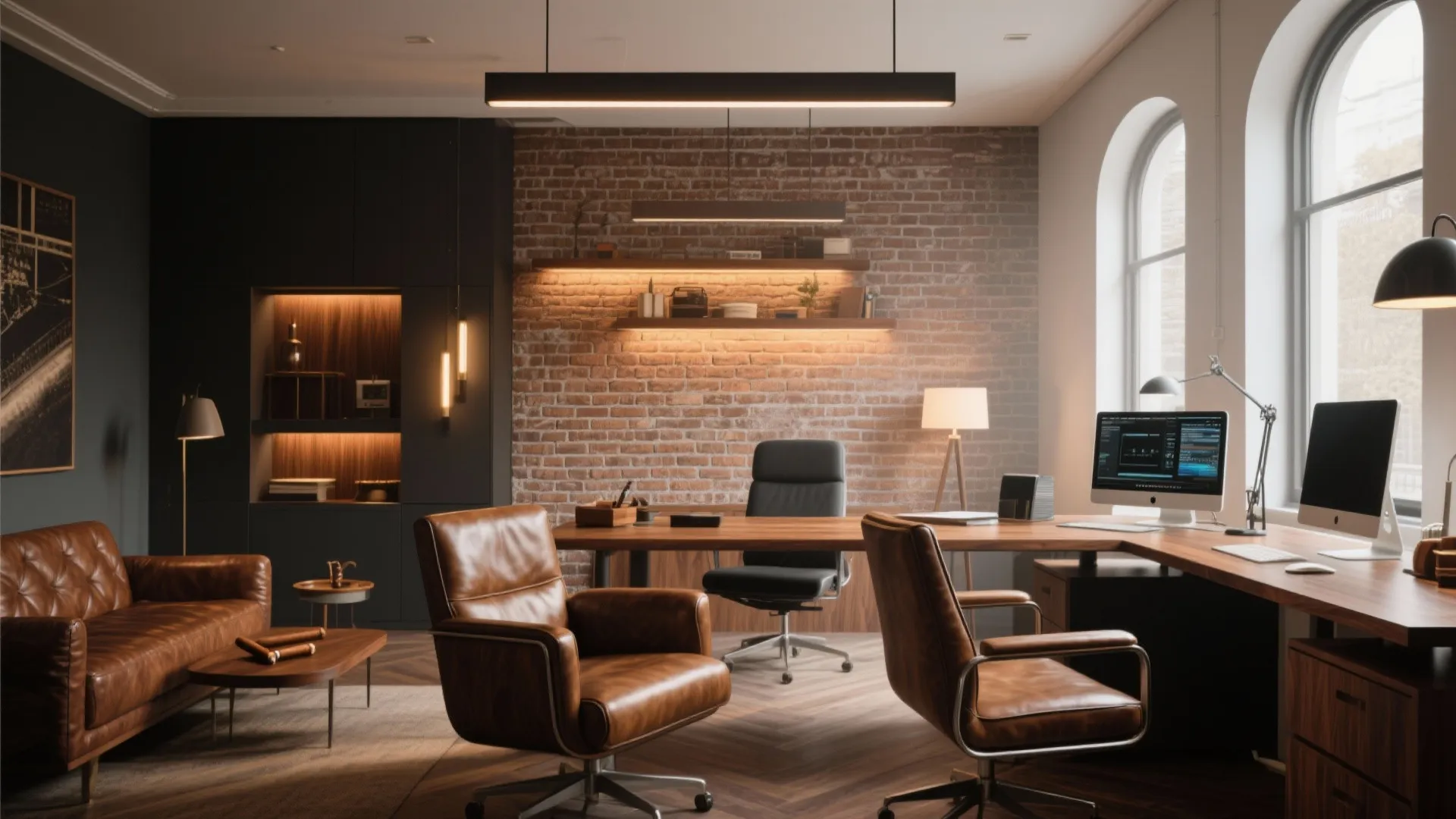 Modern home office with brick wall wooden desk leather chairs computer monitors ceiling light large windows