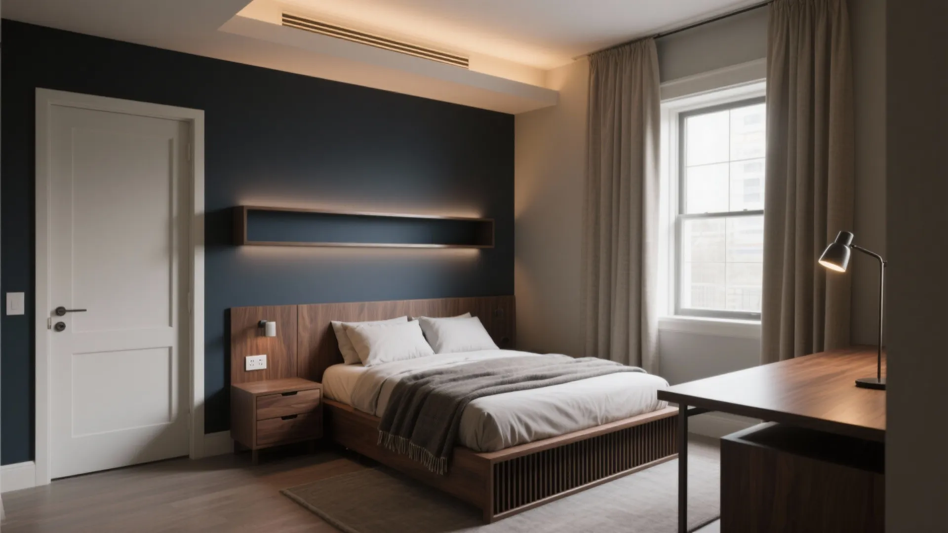 Modern dark blue bedroom with wooden bed, bedside cabinet, desk, reading lamp, and large window