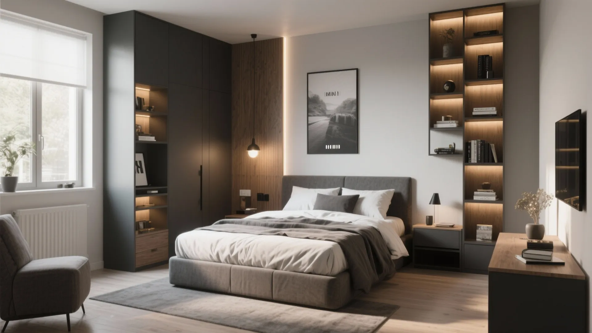Modern minimalist bedroom with grey bed dark wardrobe wooden wall panel and warm built-in lighting