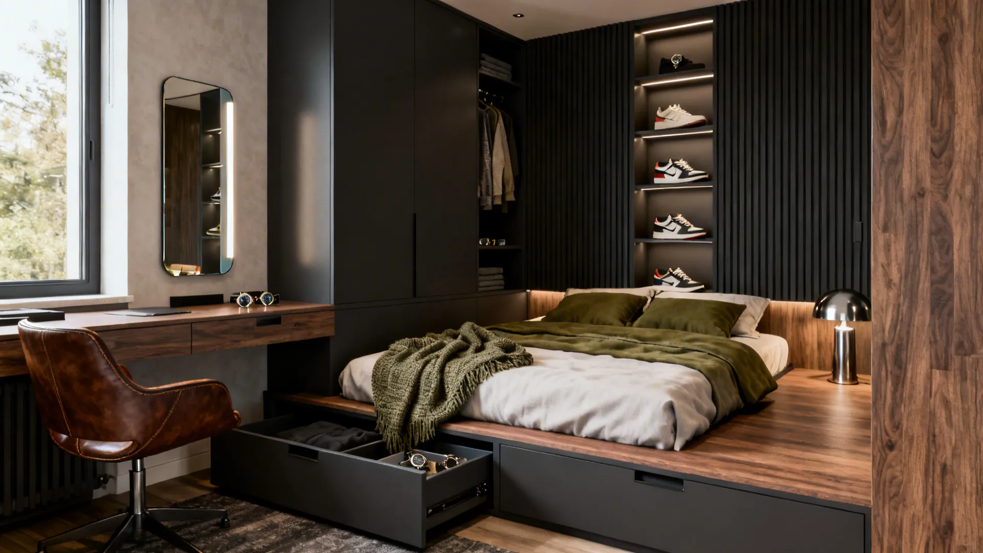 Modern small bedroom with platform bed green bedding black wardrobe and sneakers on wall shelves