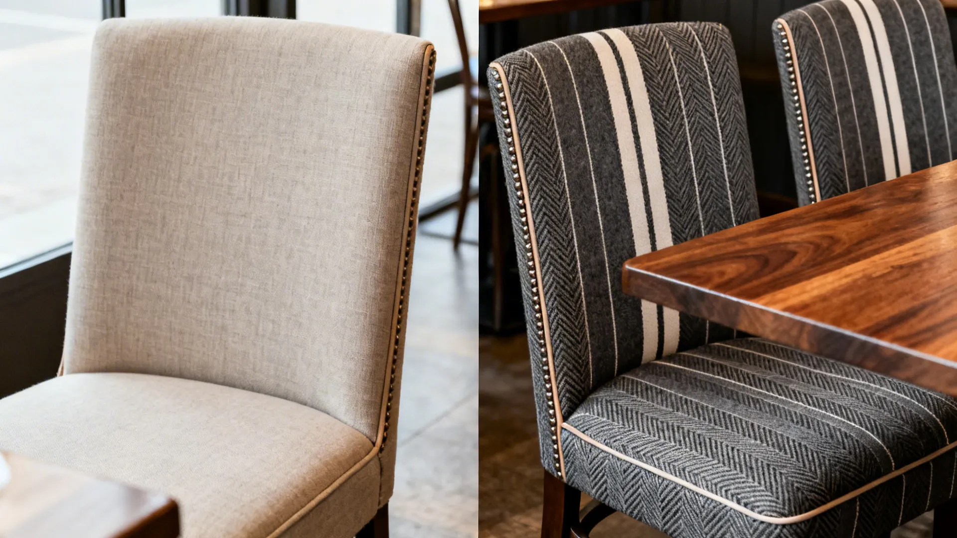 Before-and-after view of dining chairs upgraded with charcoal pinstripe and subtle herringbone seat covers.
