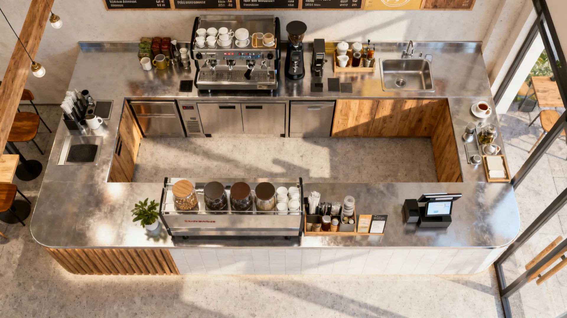 Top-down layout prioritizing espresso zone with compact tea and alt stations for peak volume.