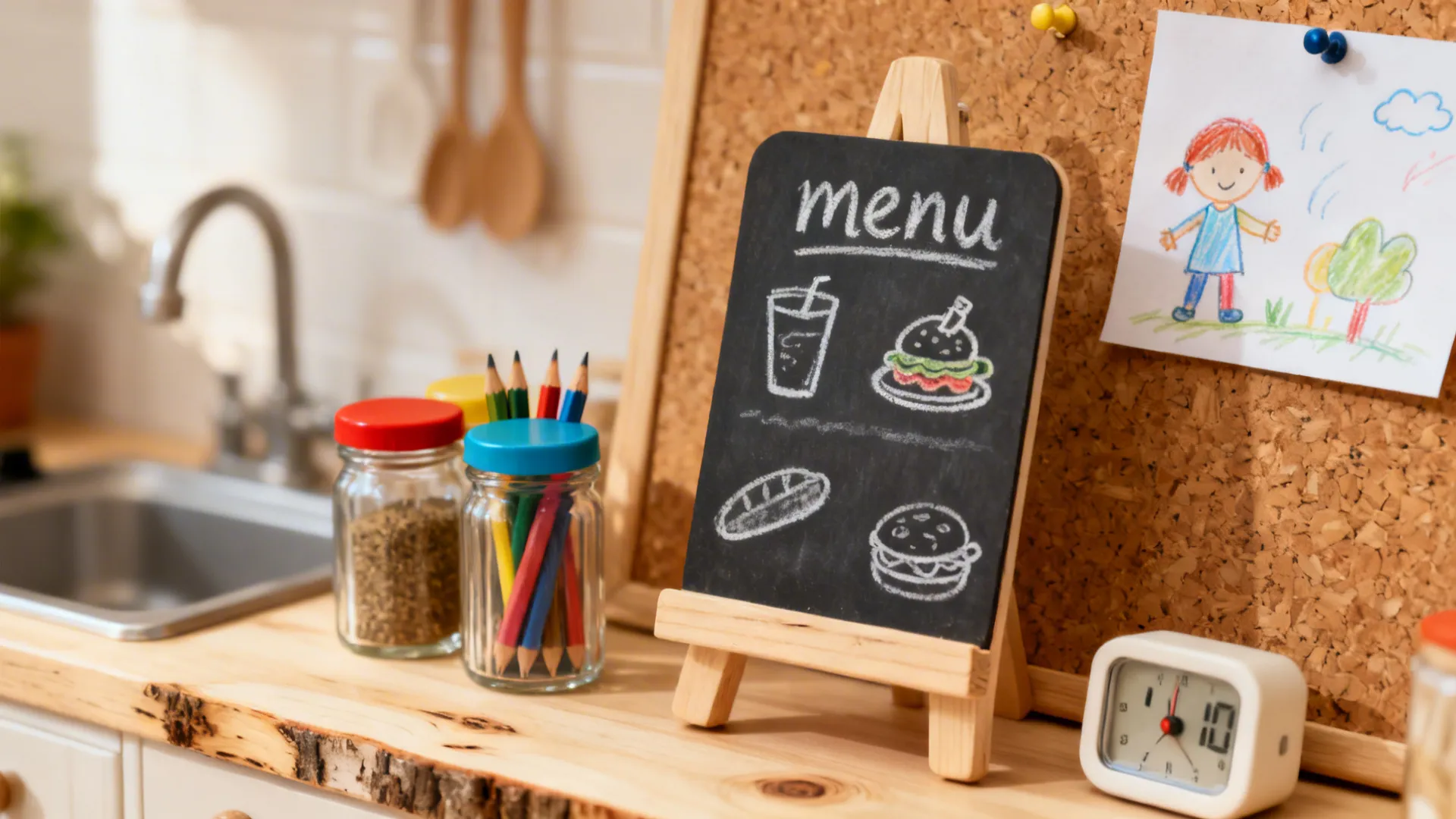 Macro of a chalk menu, corkboard with art, and spice jars filled with colored pencils on a birch counter.