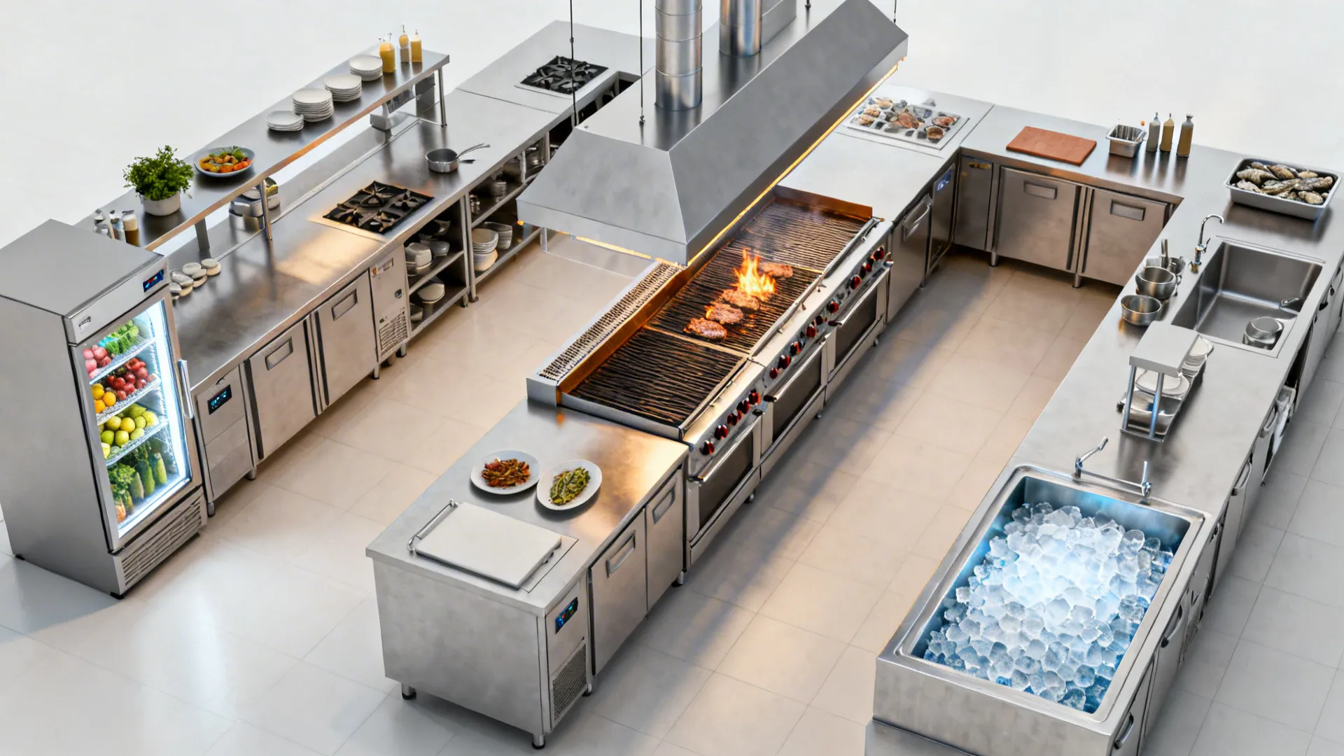 Top-down comparison of three kitchen line layouts for tasting, fire-forward, and raw-focused menus.