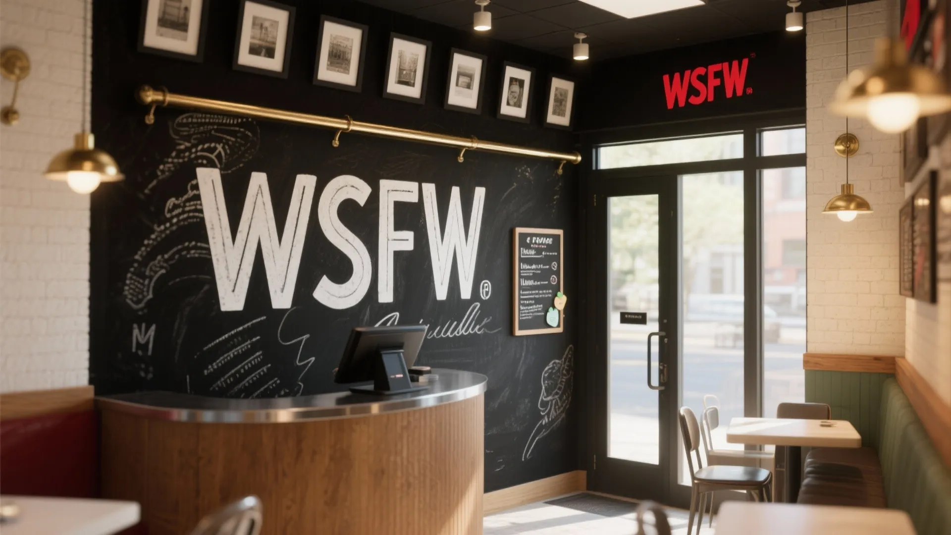 Bold typography menu wall in a compact restaurant, matte black with crisp lettering forms and warm accents.