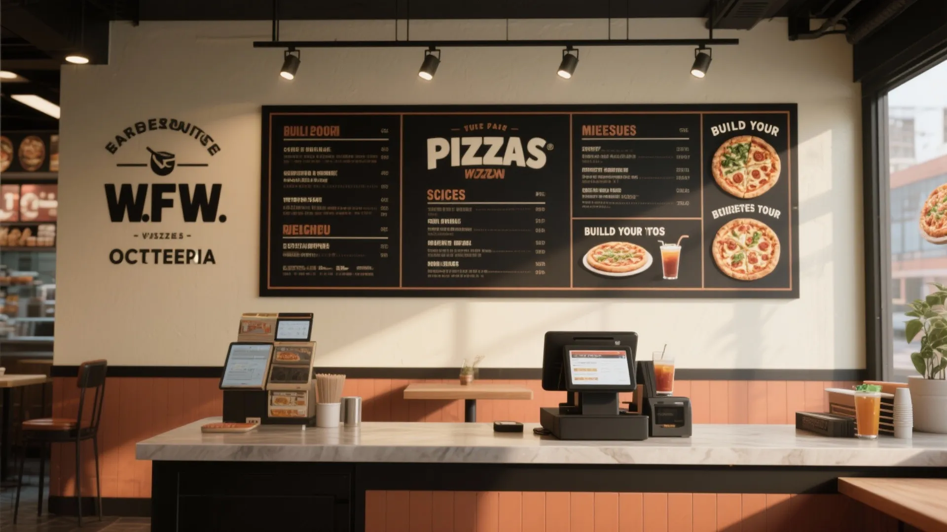 High-contrast menu wall with mural-style layout and clean grid in a compact pizzeria.