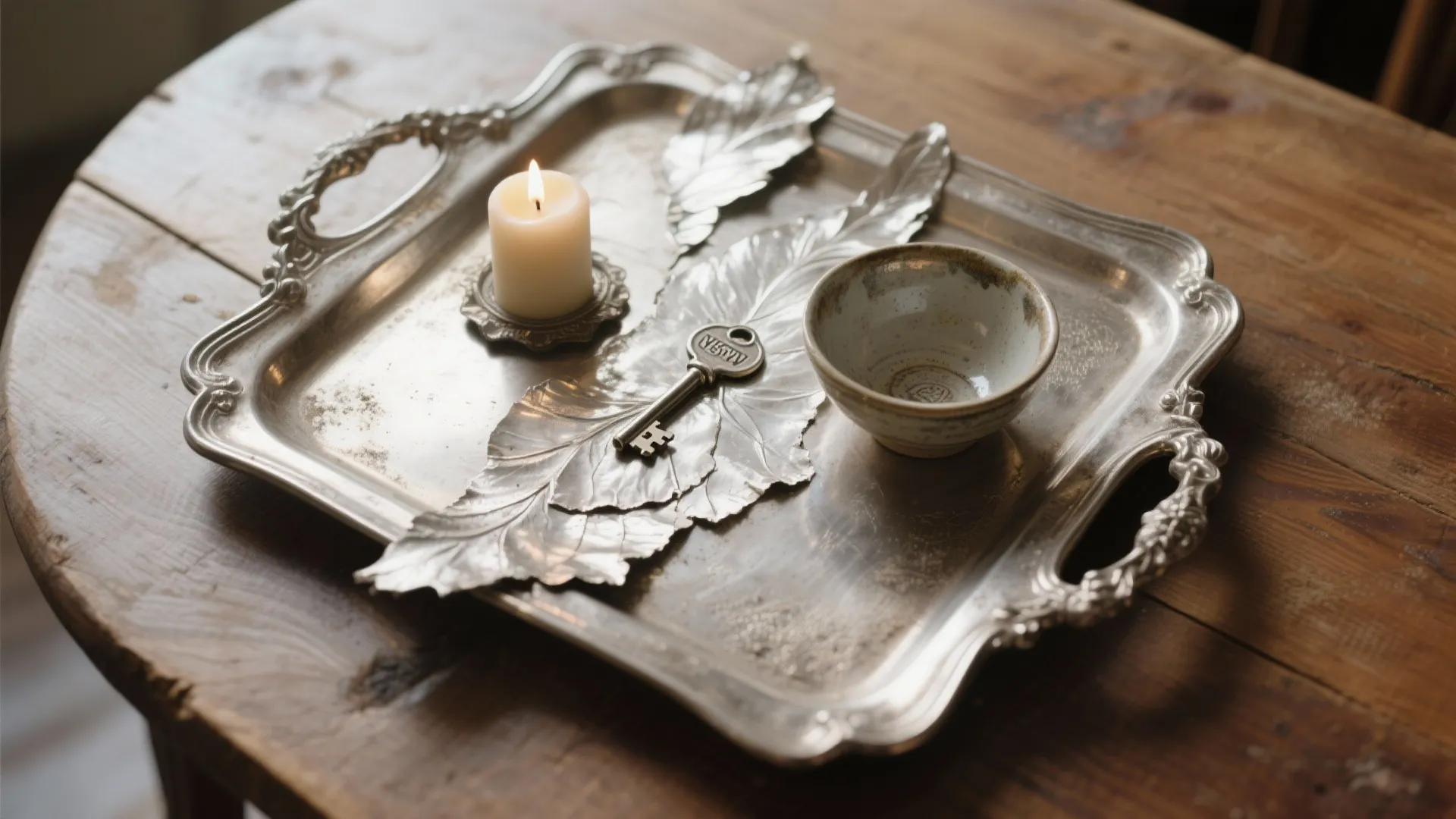 Silver metal tray on wooden table with burning candle, small bowl, and vintage metal key