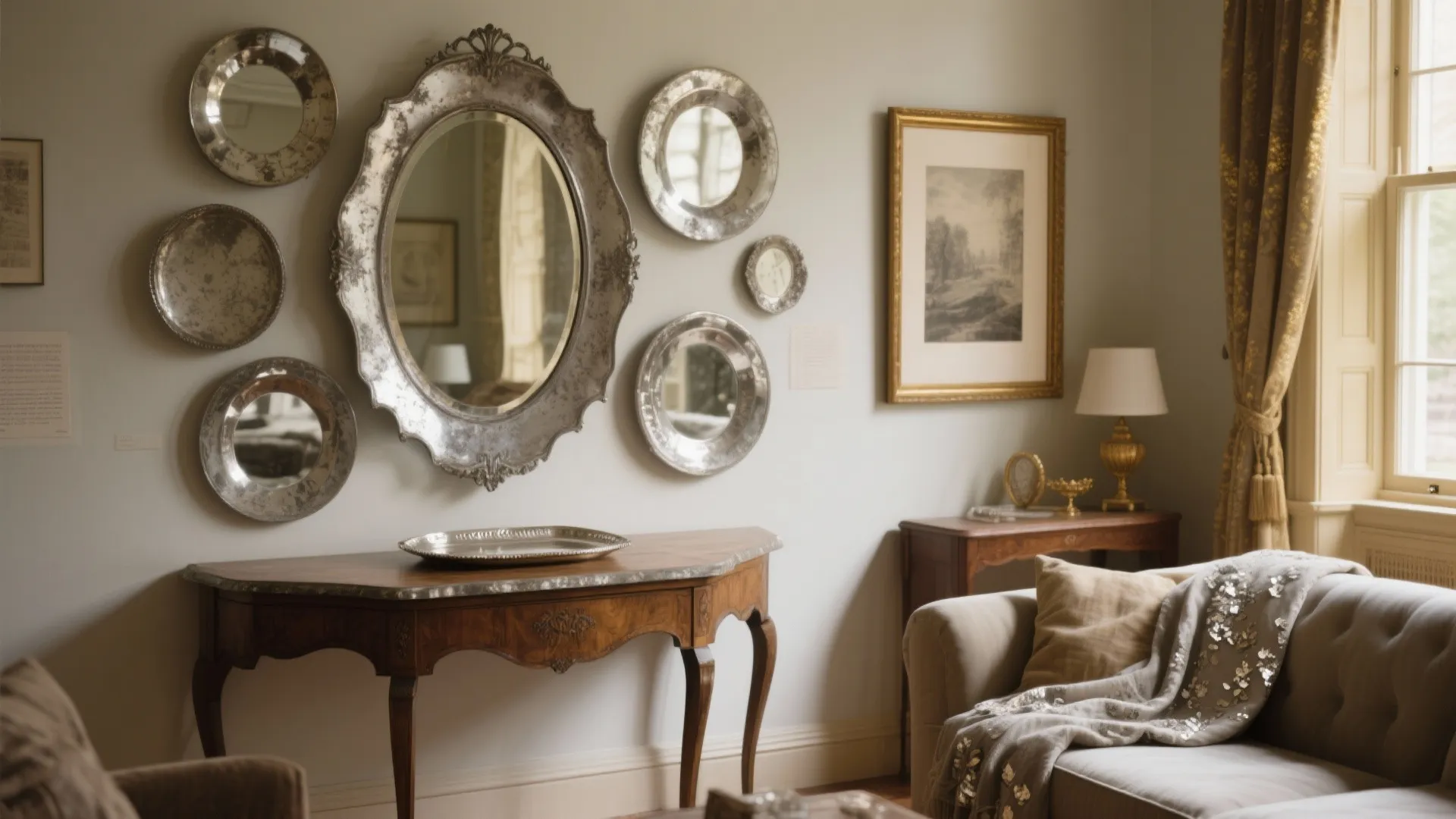 Elegant living room with several round wall mirrors hanging above a classic wooden table cabinet