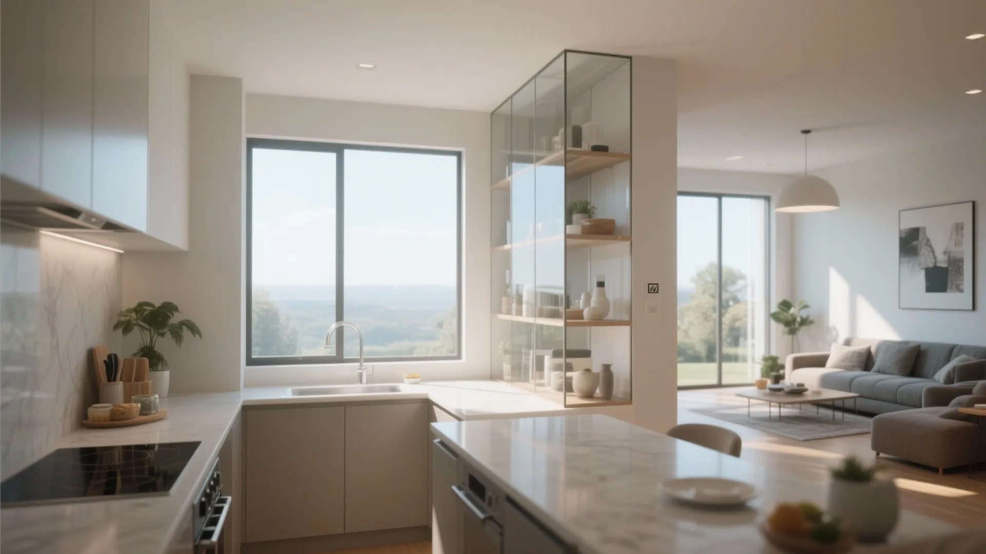 Corner kitchen window connected to living room via see-through shelving