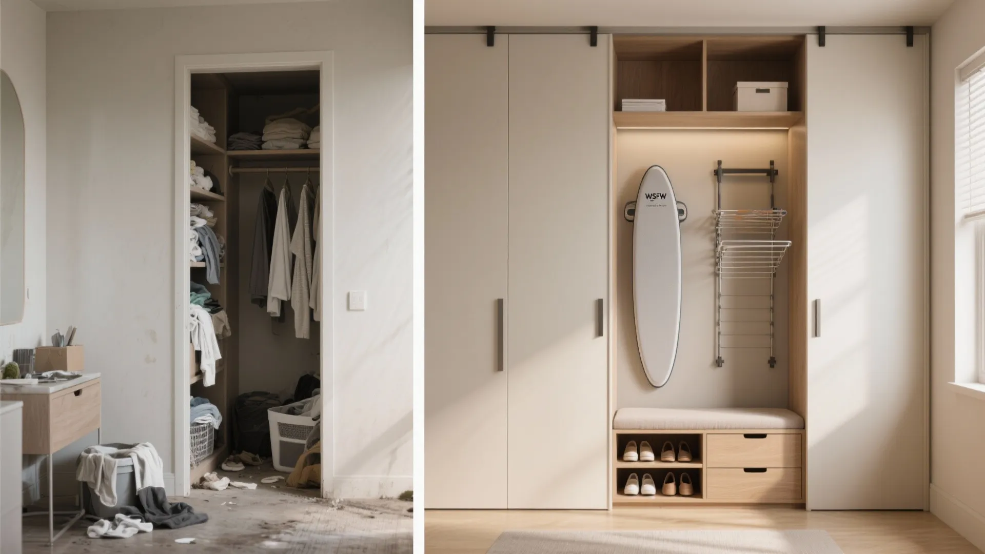 Before and after comparison of a messy open closet versus a clean organized wardrobe design