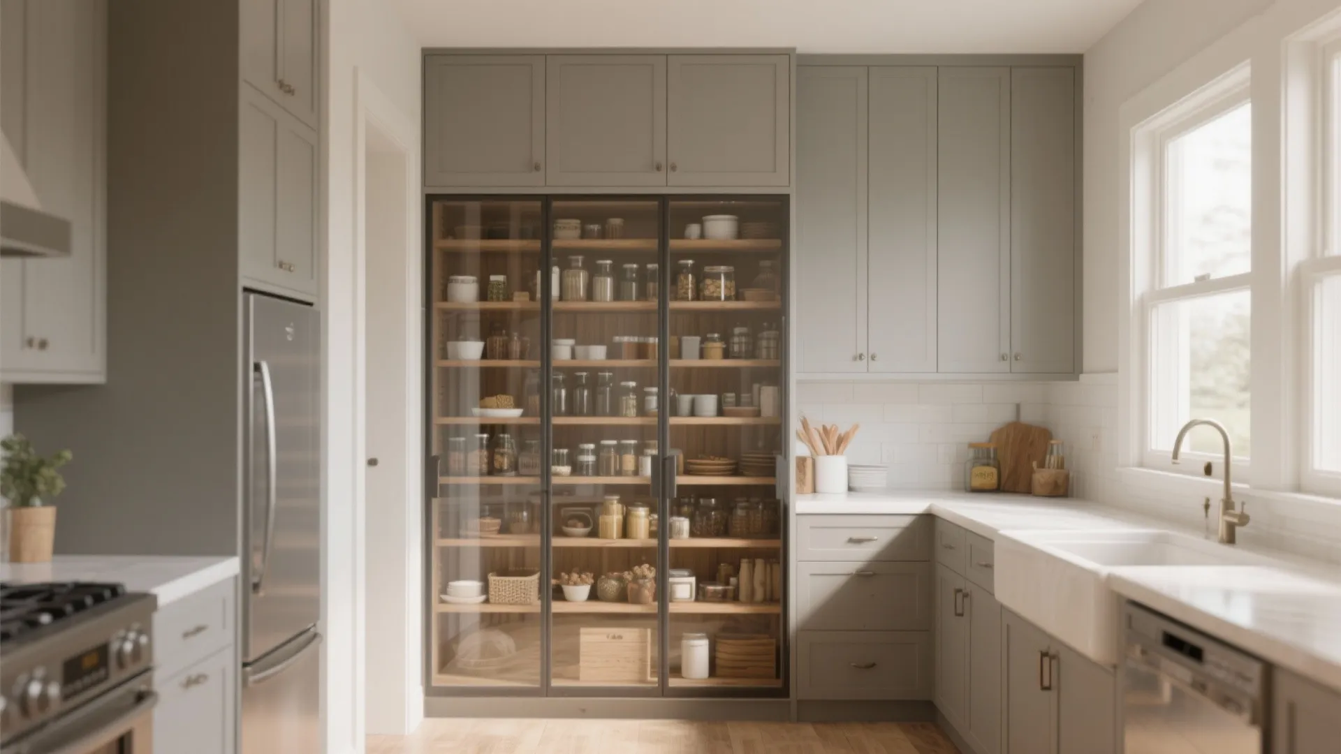 5. Merge pantry with adjacent cabinetry behind glass