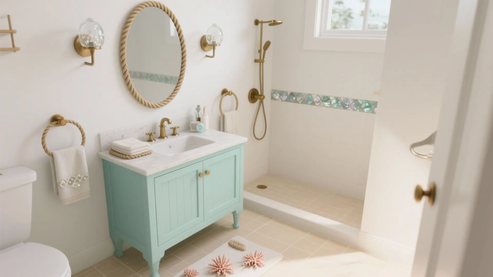 Coastal bathroom with light blue cabinet round rope mirror gold wall lights and white shower area