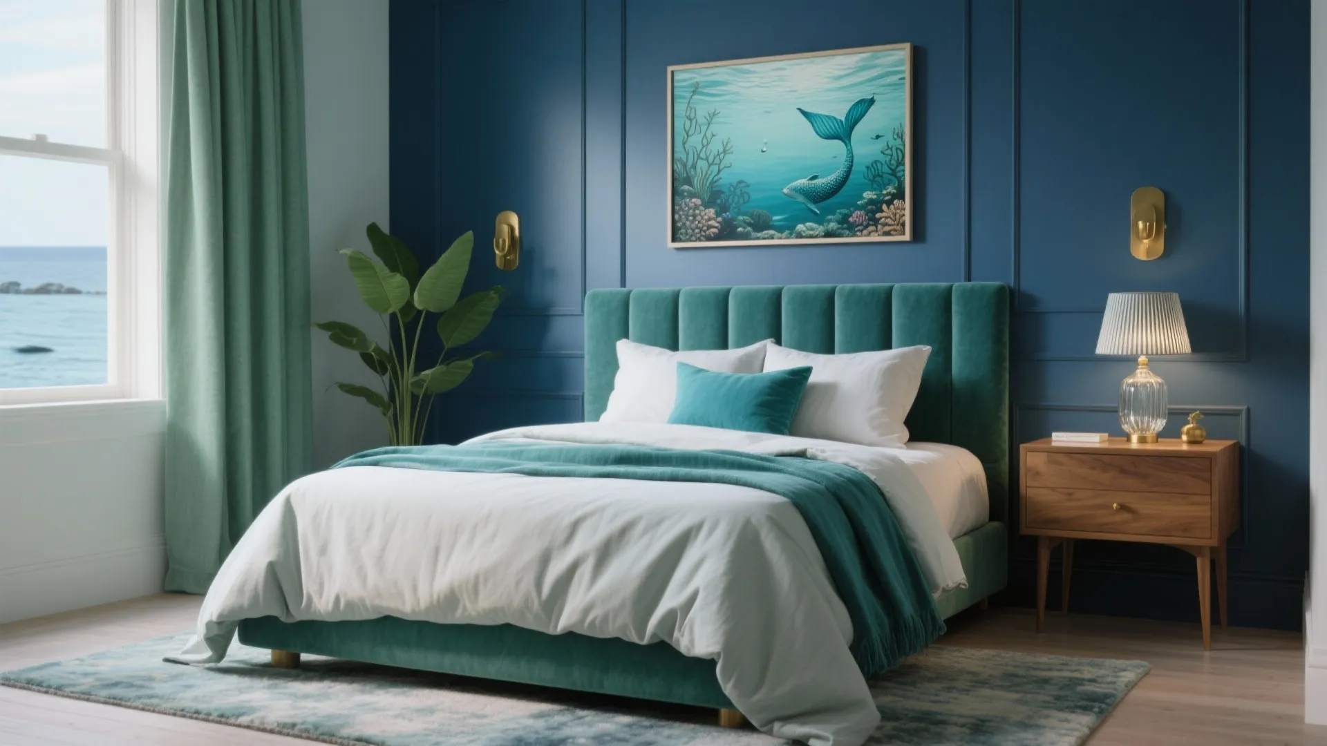 Modern bedroom with blue walls green velvet bed white bedding ocean art and gold light fixtures