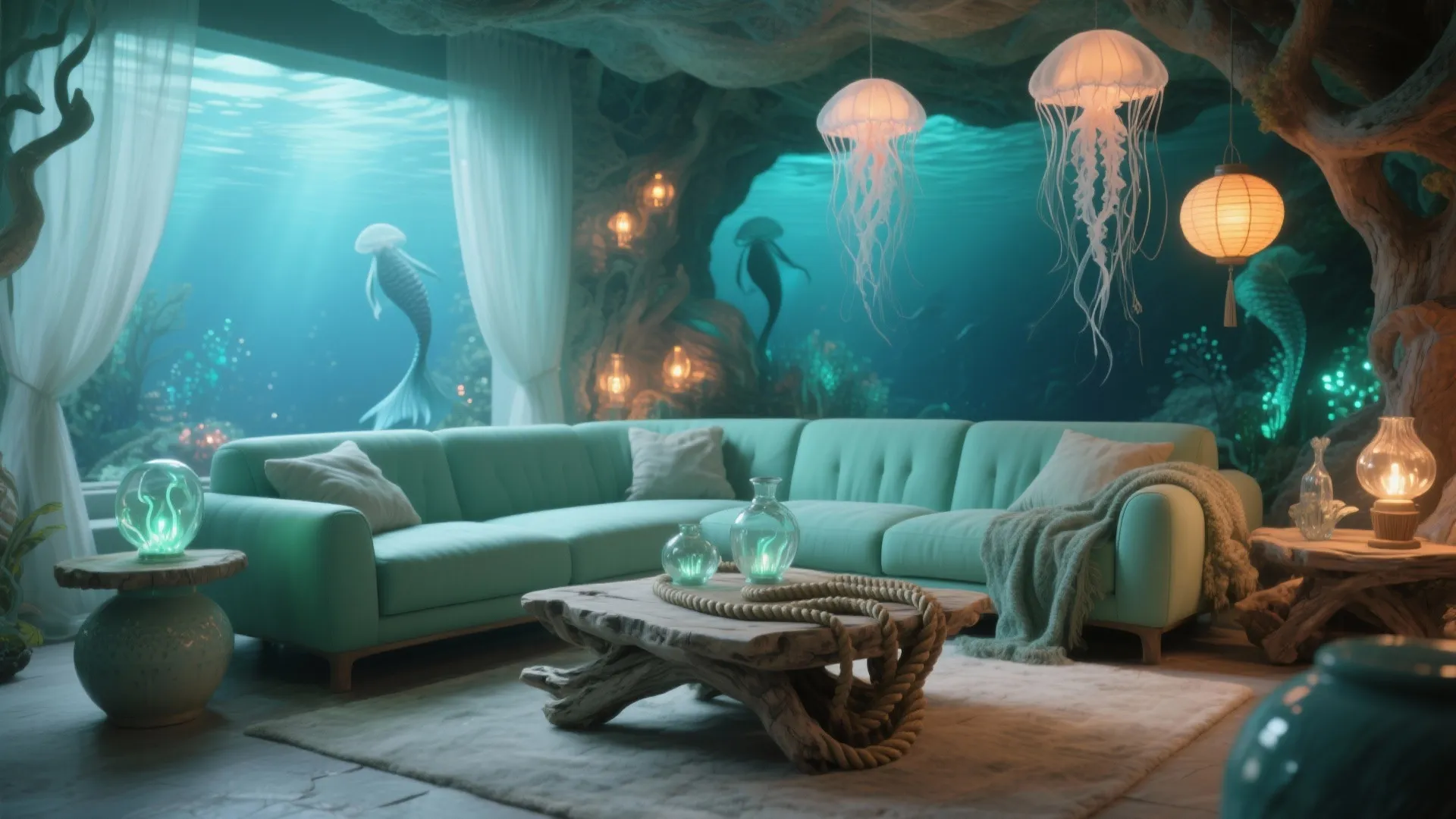 Underwater themed living room with a mint green sofa wooden coffee table and mermaid window