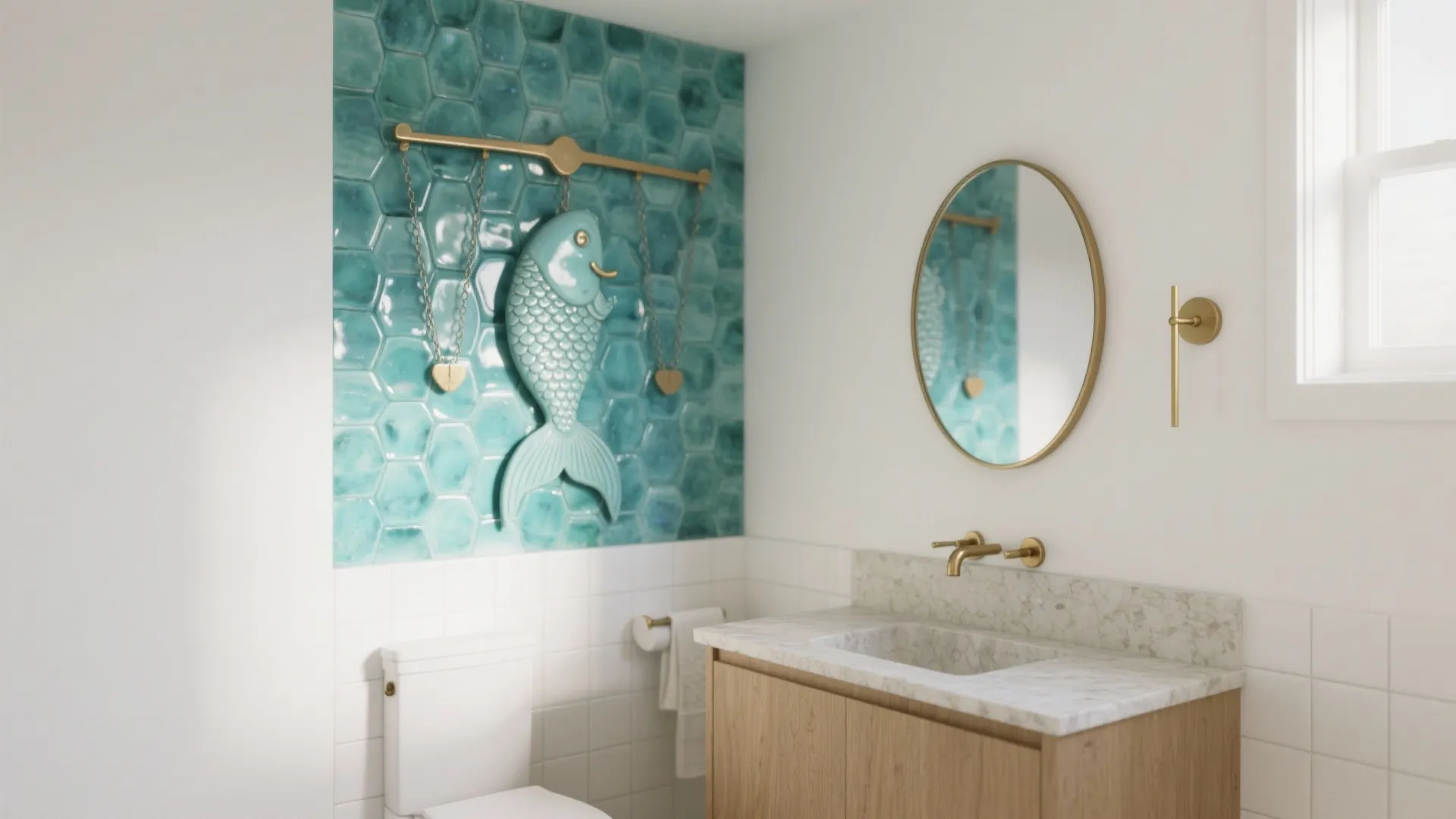 Bathroom interior with blue hexagon wall tiles gold mirror wood cabinet white toilet and fish decoration