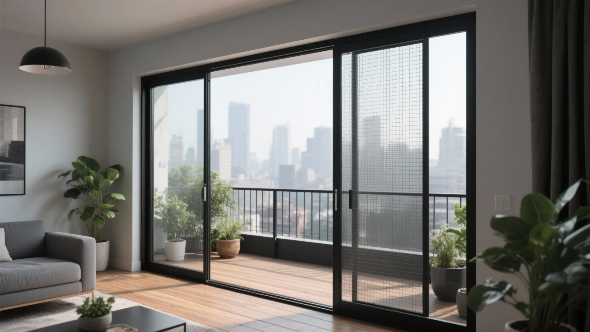 Modern living room featuring large black sliding doors with screen mesh and a city balcony