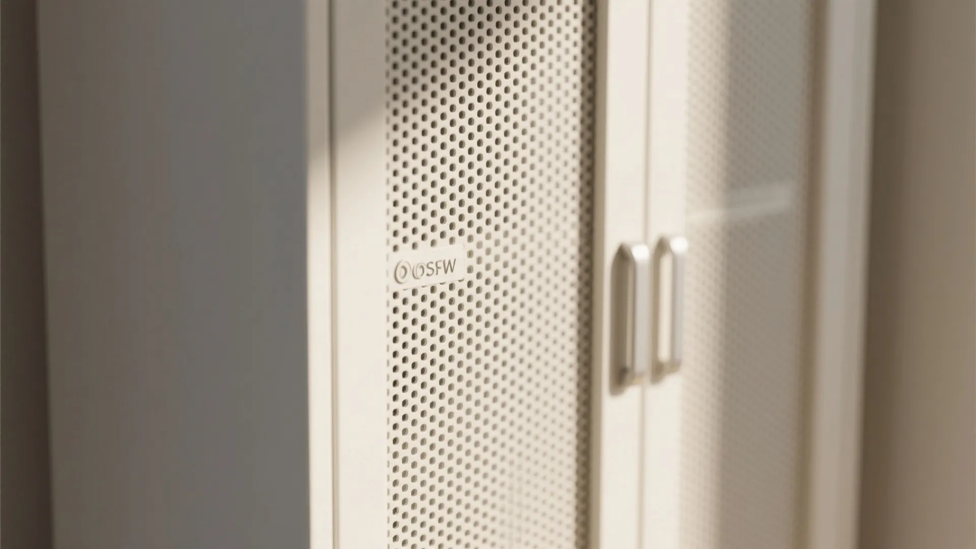 Close up of a white cabinet with mesh metal doors and simple silver handle hardware