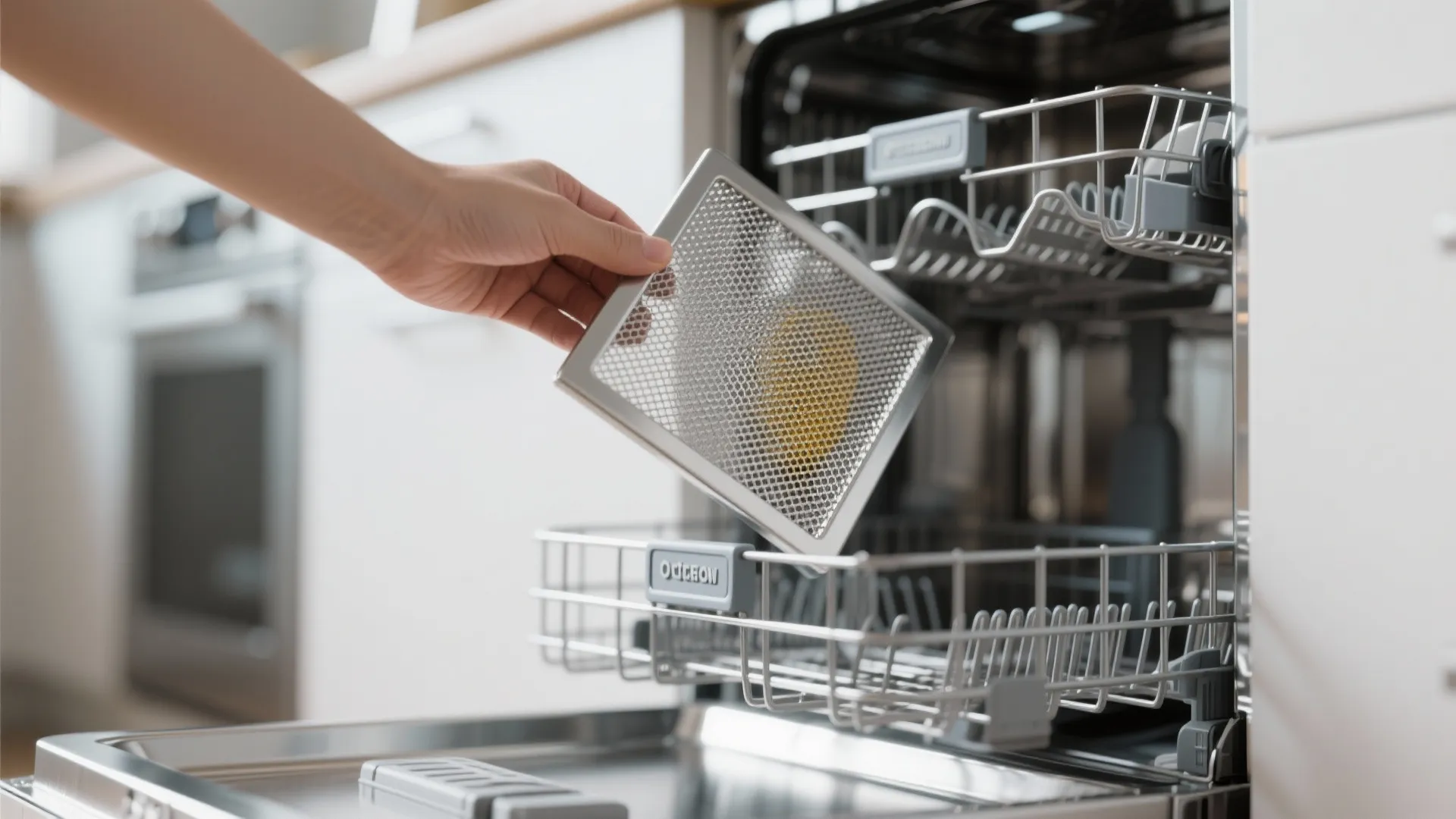Person holding square metal mesh filter in front of open dishwasher with metal wire storage racks