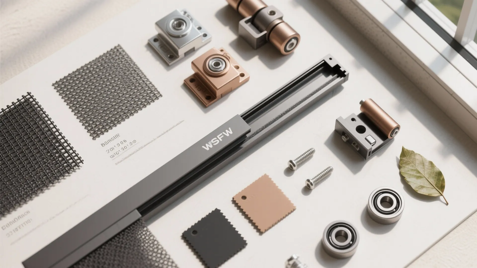 Door hardware flat lay showing window mesh samples metal rollers screws and grey sliding track