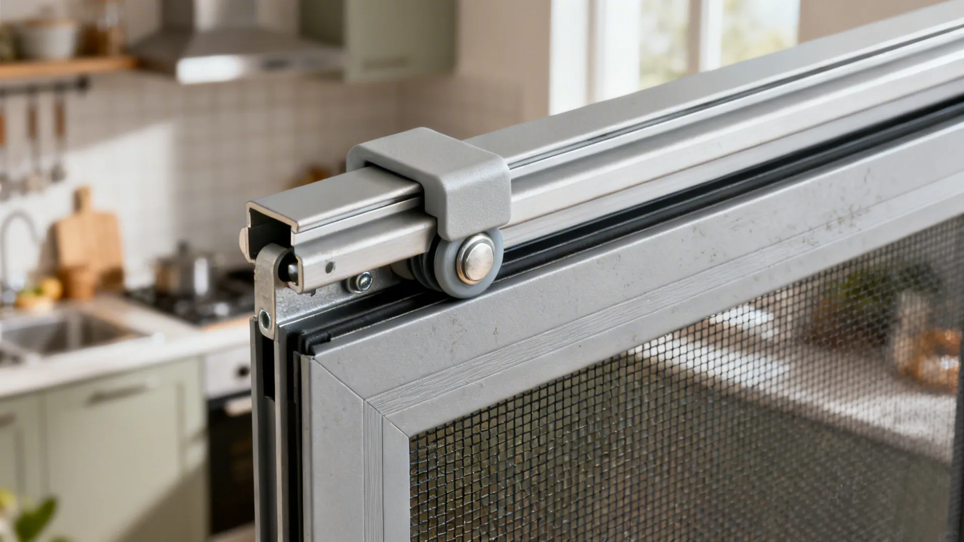 Macro of a top-hung sliding mesh gate track and roller with soft stopper.