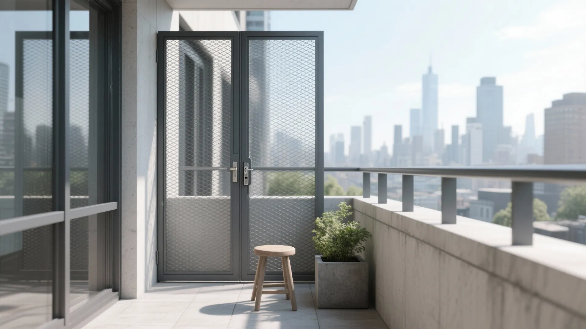 Modern balcony with a grey mesh door a wooden footrest and a potted green plant