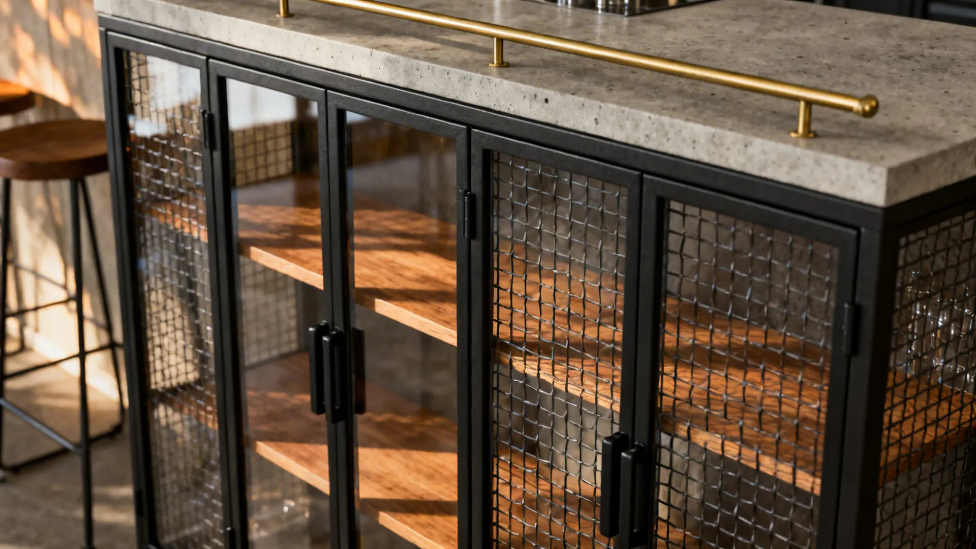 Bar cabinet with woven steel mesh behind glass in black metal frames.