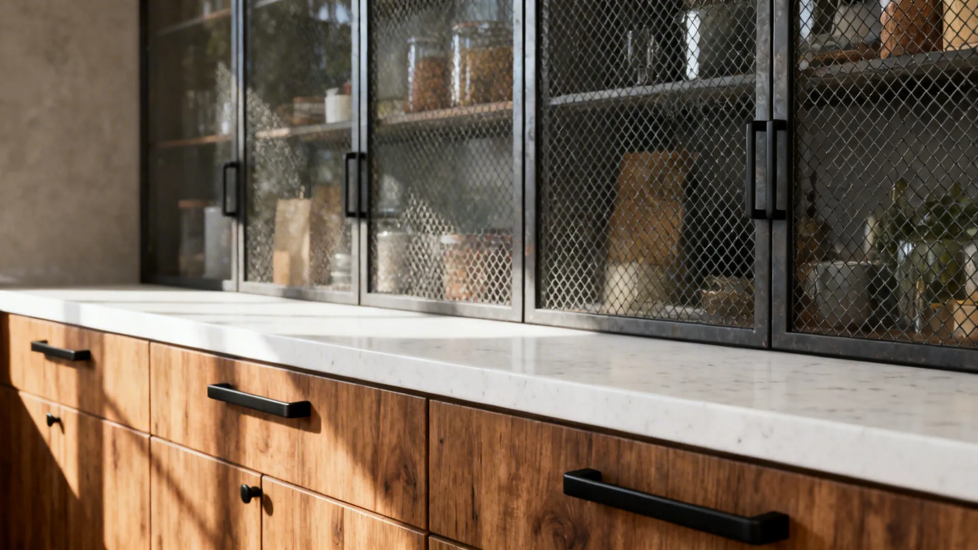 Wire-mesh laminated glass cabinet doors with oak lowers and black hardware.