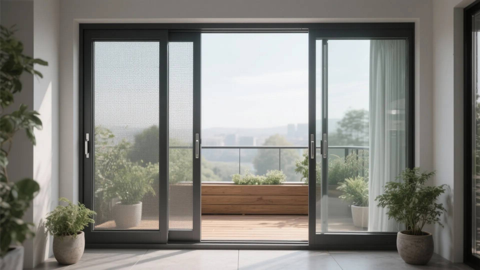 Large sliding glass door with mesh screen leading to a sunny balcony with green plants