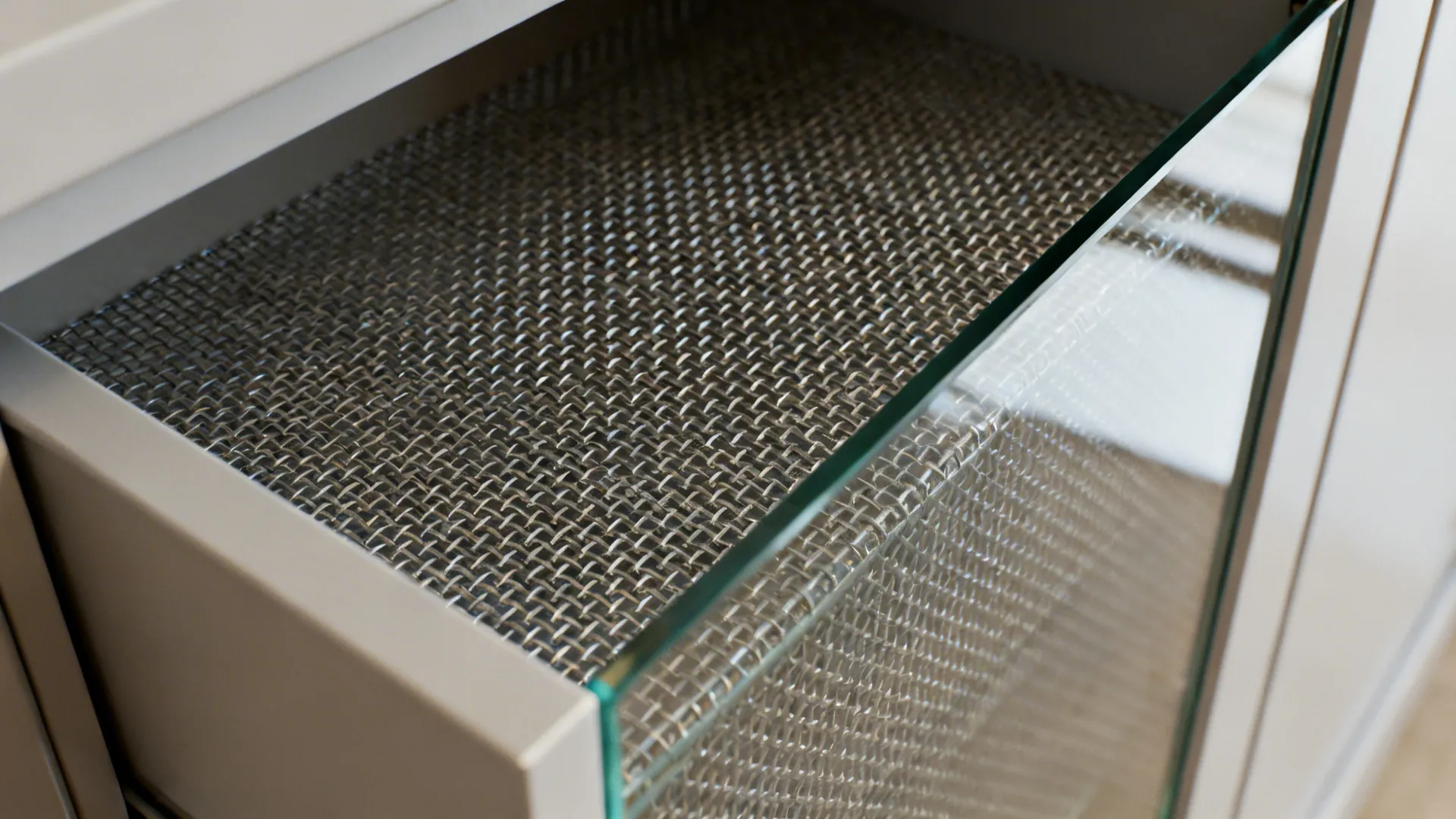 Macro view of fine metal mesh laminated within glass for a cabinet insert.