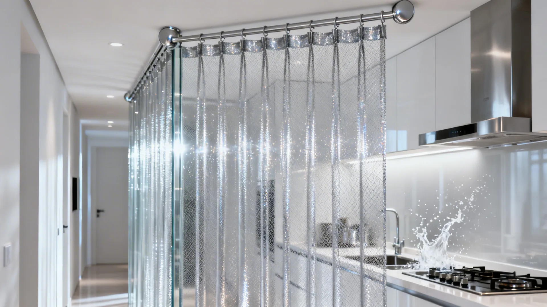 Fine metallic mesh curtain on a rounded ceiling track giving a glasslike partition look between hall and kitchen.