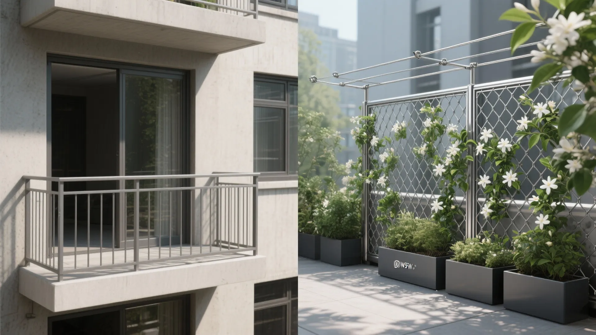 Before and after comparison of a simple metal balcony railing versus a lush green screen