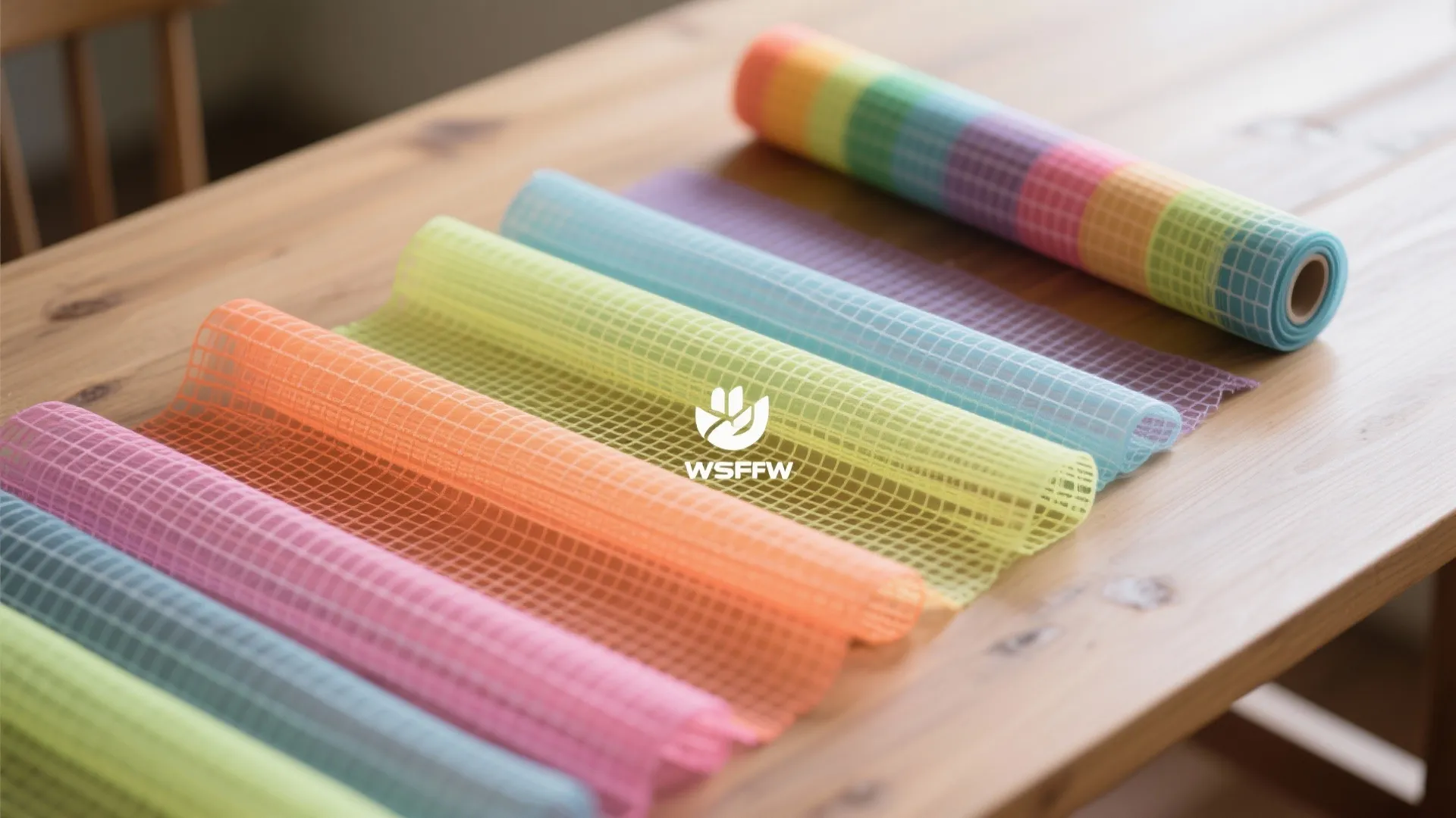 Colorful plastic mesh shelf liners in various bright colors rolled out on a wooden table surface