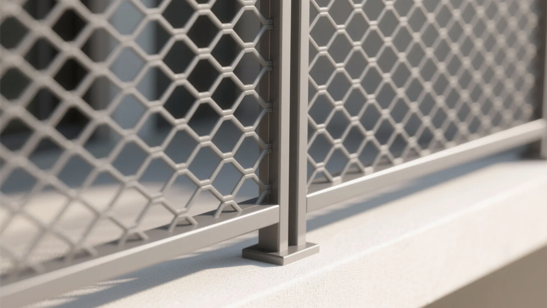 Close up view of a grey metal mesh screen protector installed on a balcony railing