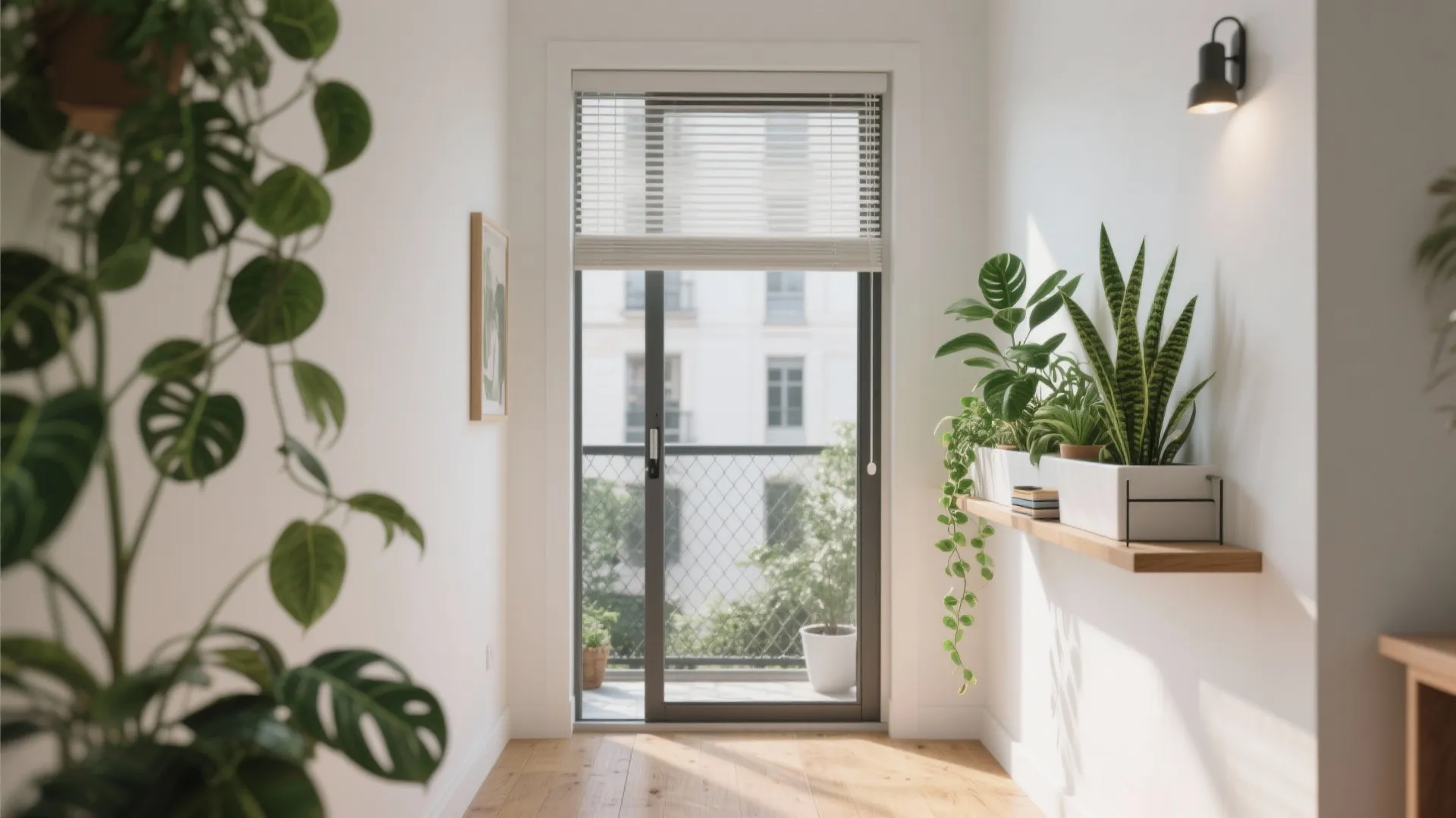 Bright indoor hallway featuring green plants on a wooden wall shelf next to balcony doors